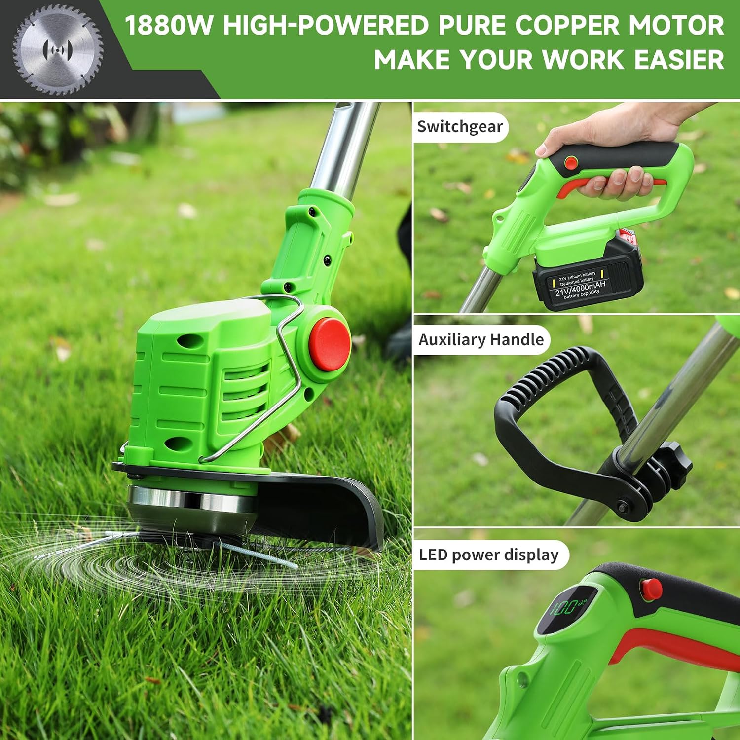 Thumbnail 6 de 21V Cordless Strimmer with 2x2.0Ah Batteries: 3-in-1 Lawn Care, Telescopic & Height-Adjustable