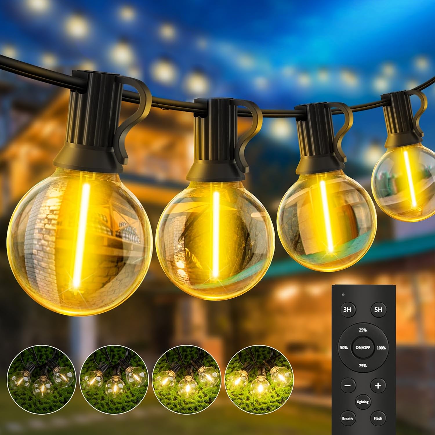 Detalle de LED Lichterkette Außen 30 m mit G40-Birnen und Fernbedienung (IP44) – Outdoor Strom für Garten, Balkon & Events