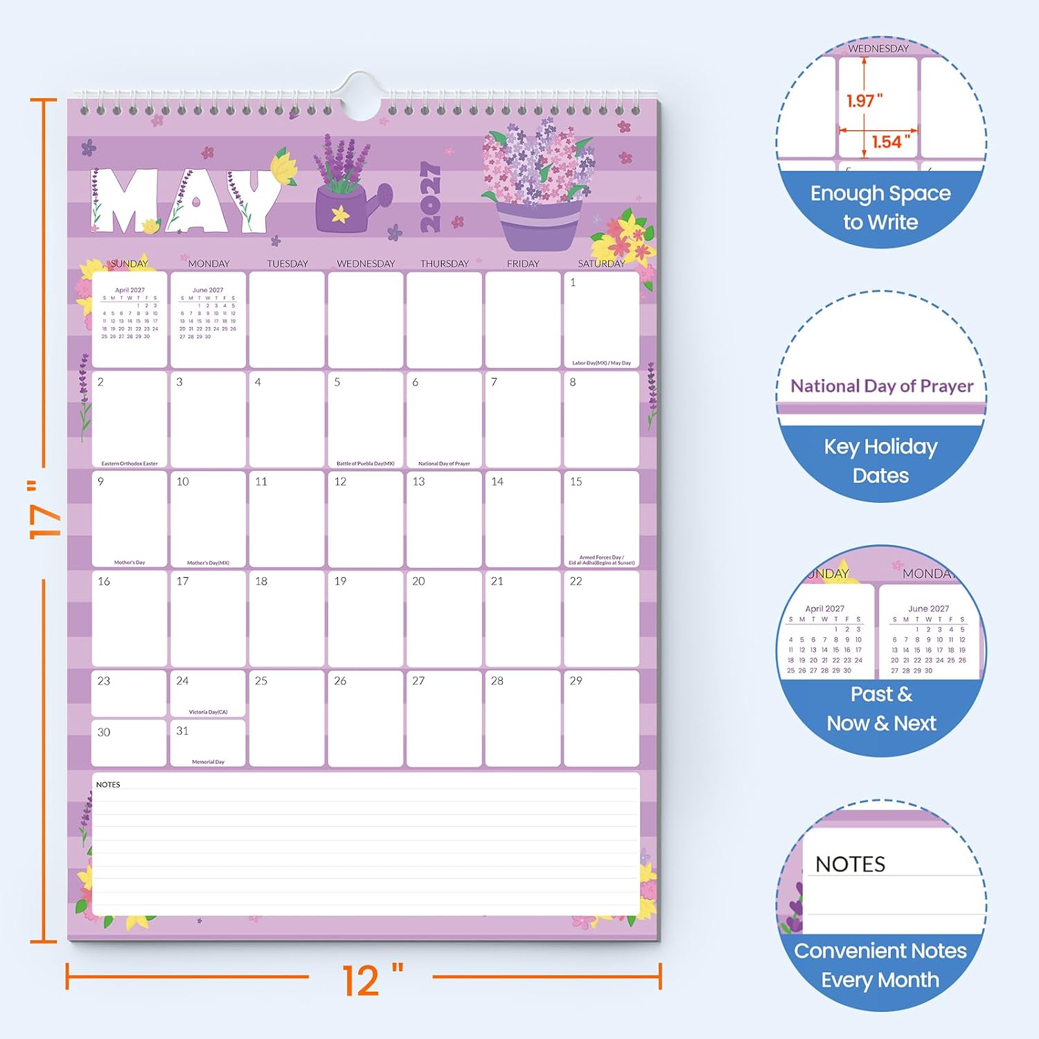 Detalle 2 de SUNEE 2027 Wall Calendar, 18 Months, 12" x 17" with Stickers and Notes