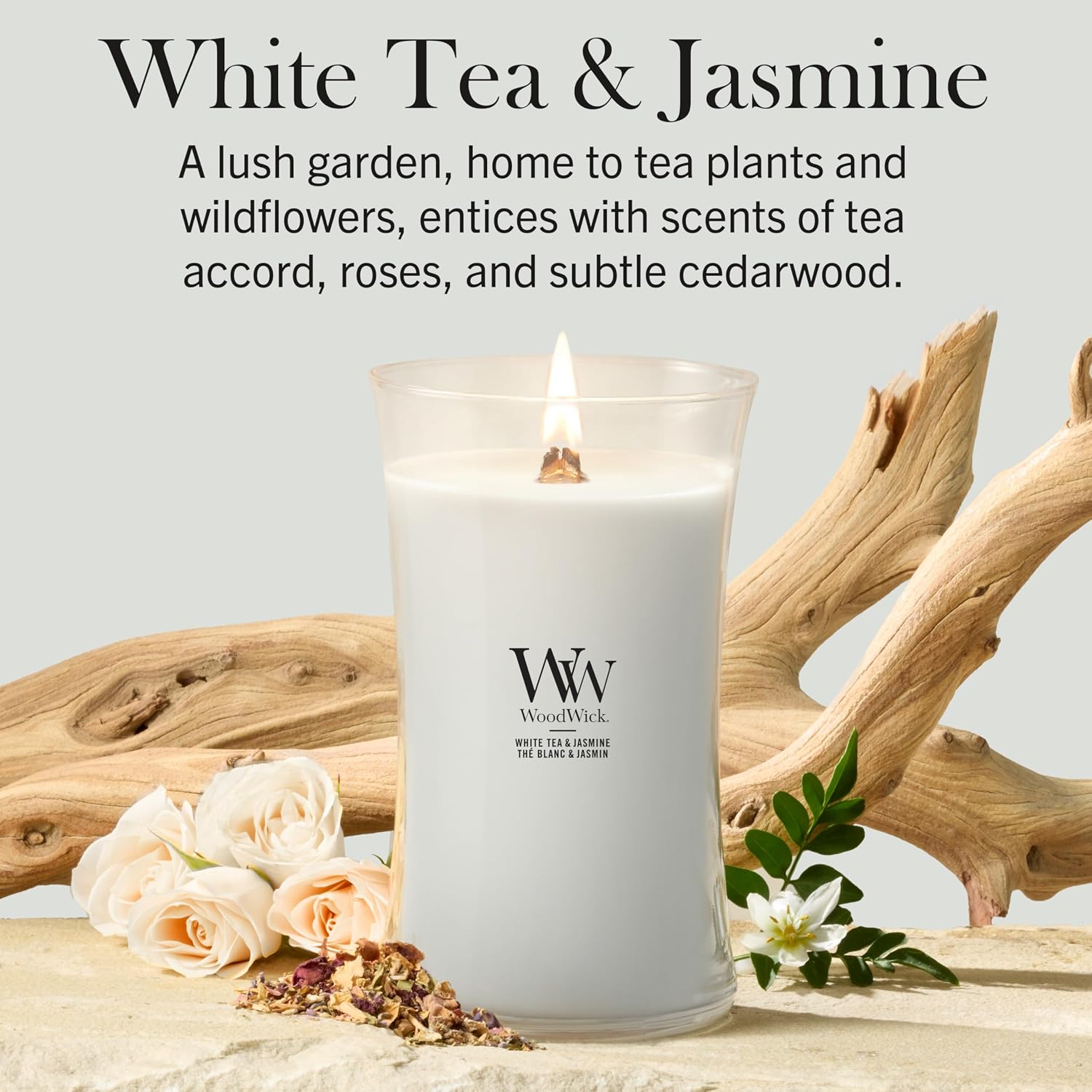 Detalle de WoodWick Large Hourglass Scented Candle in White Tea & Jasmine (Crackling Wick)
