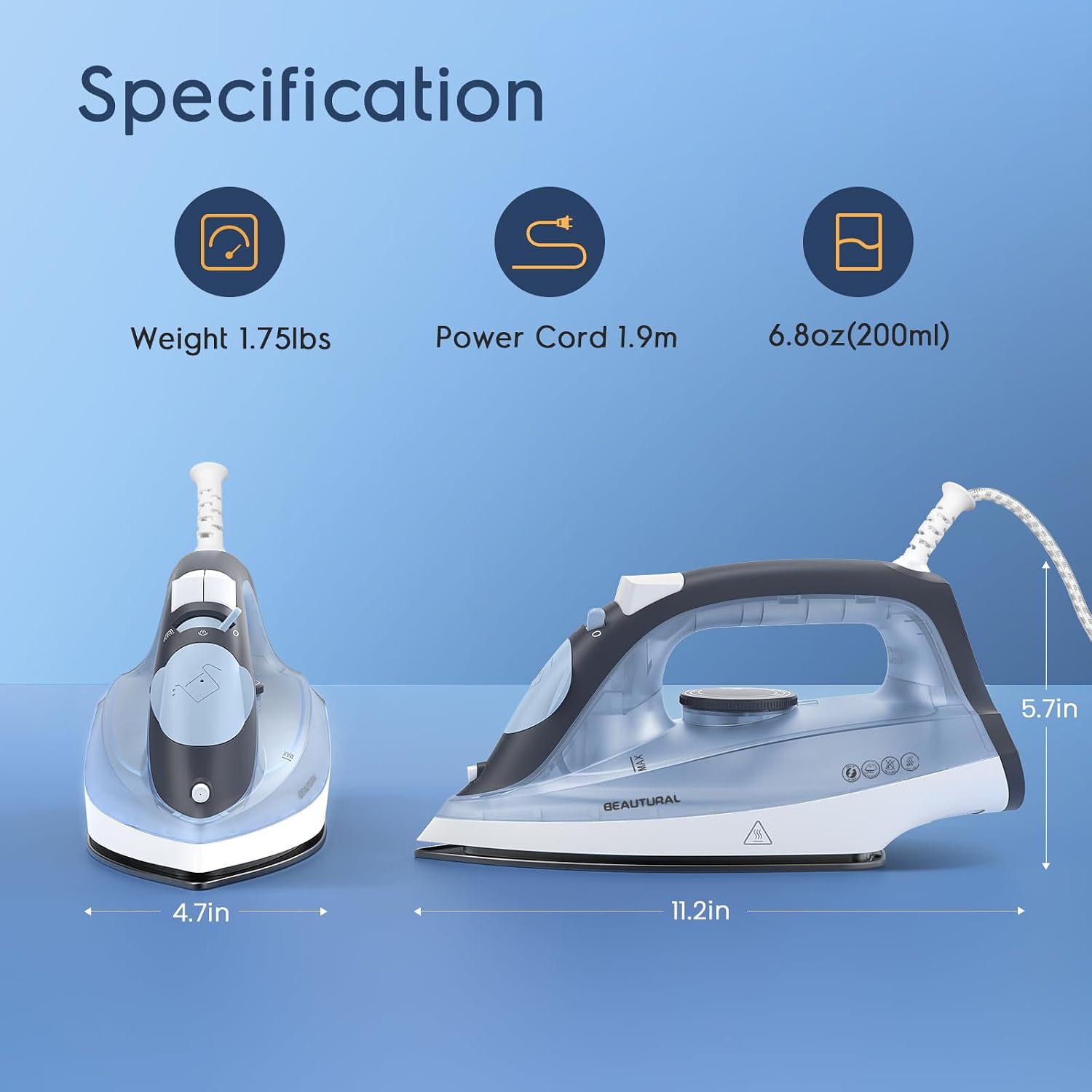 Detalle de BEAUTURAL Steam Iron for Clothes – Lightweight, Non-Stick Soleplate & Burst of Steam
