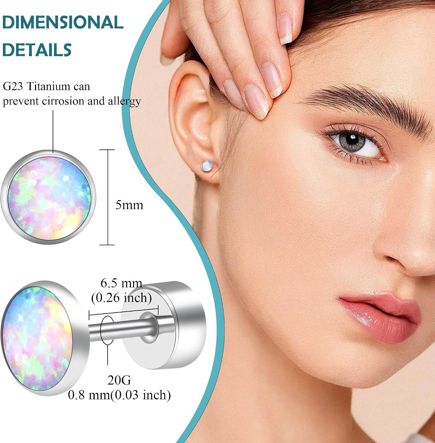 Detalle de ZDE G23 Titanium Opal Blue Pacific Heart Flatback Stud Earrings (3/4/5mm) for Sensitive Ears