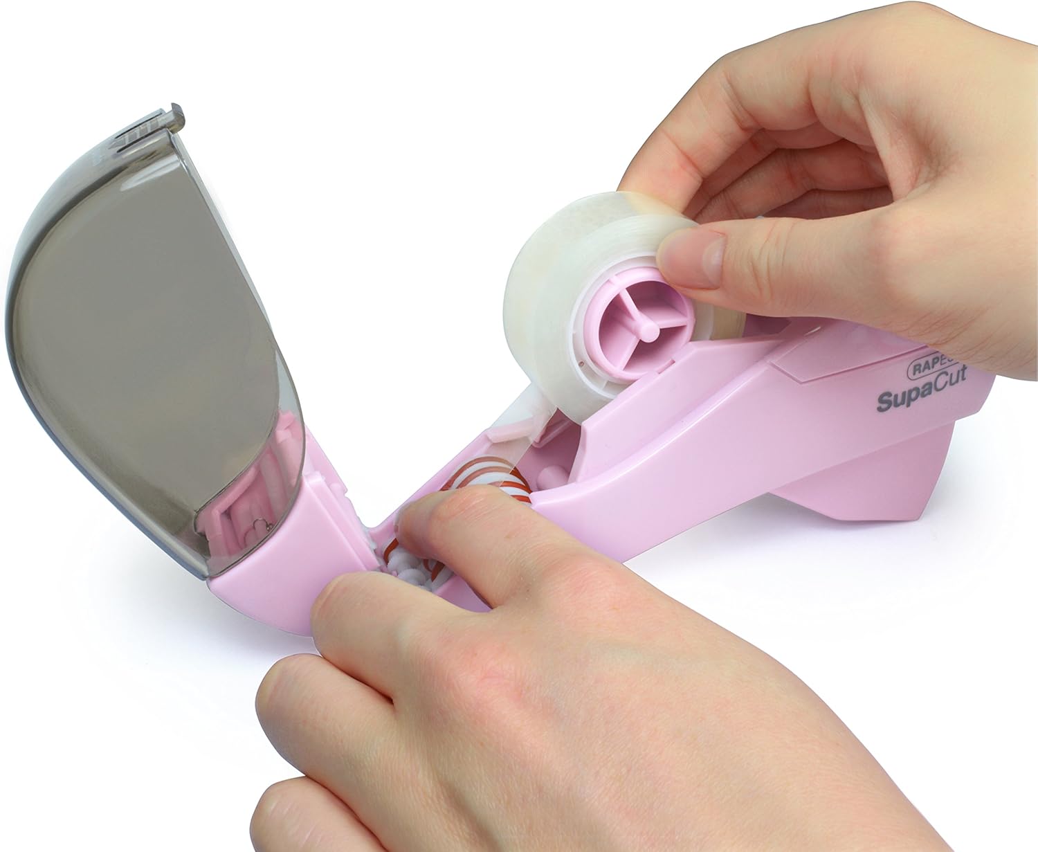 Detalle de Rapesco 1441 SupaCut Dispenser di Nastro Adesivo con 2 Rotoli Rosa