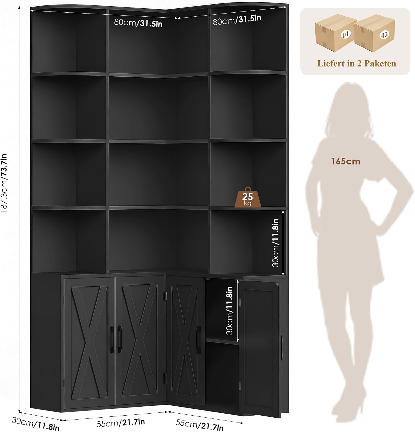 Detalle de FirFurd P745 Corner Bookcase, Black, 17 Shelves and 4 Doors