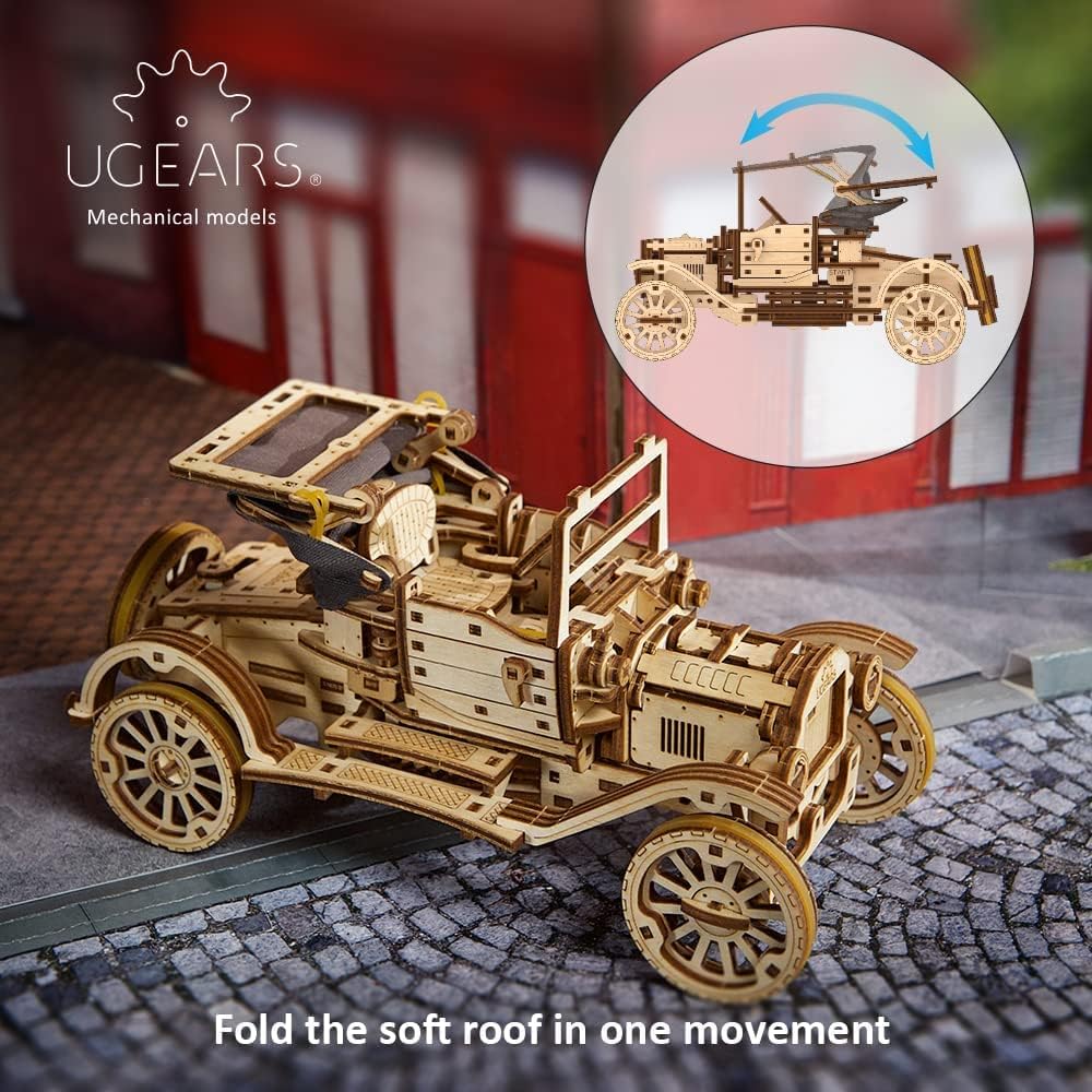 Thumbnail 2 de UGEARS Classic Model Car Kit — puzzle 3D en bois rétro avec toit pliant et moteur fonctionnel à 4 cylindres