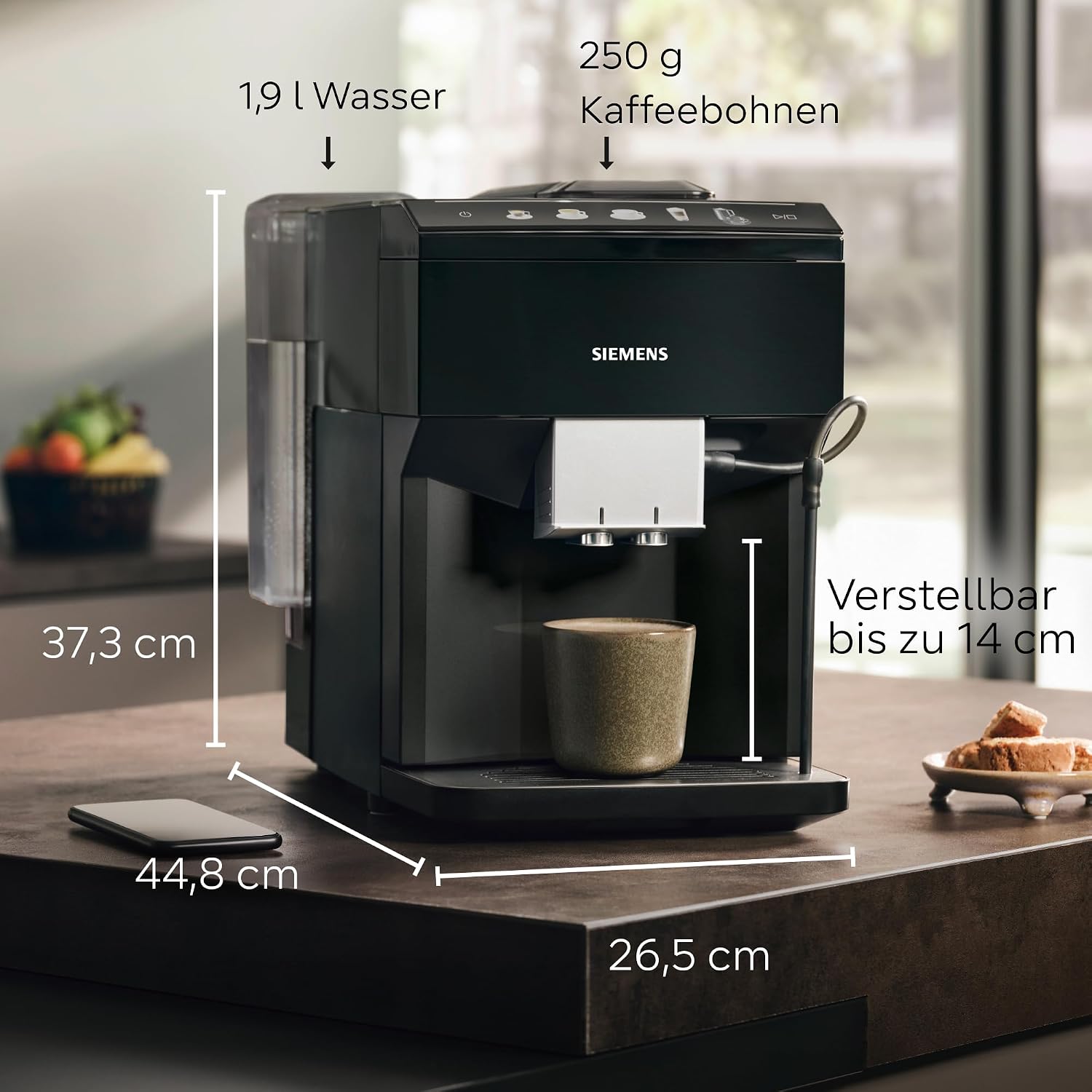 Detalle de Siemens Kaffeevollautomat EQ500 classic: farbiges TFT-Display, 5 Getränke, Doppeltassenfunktion und einfache Reinigung
