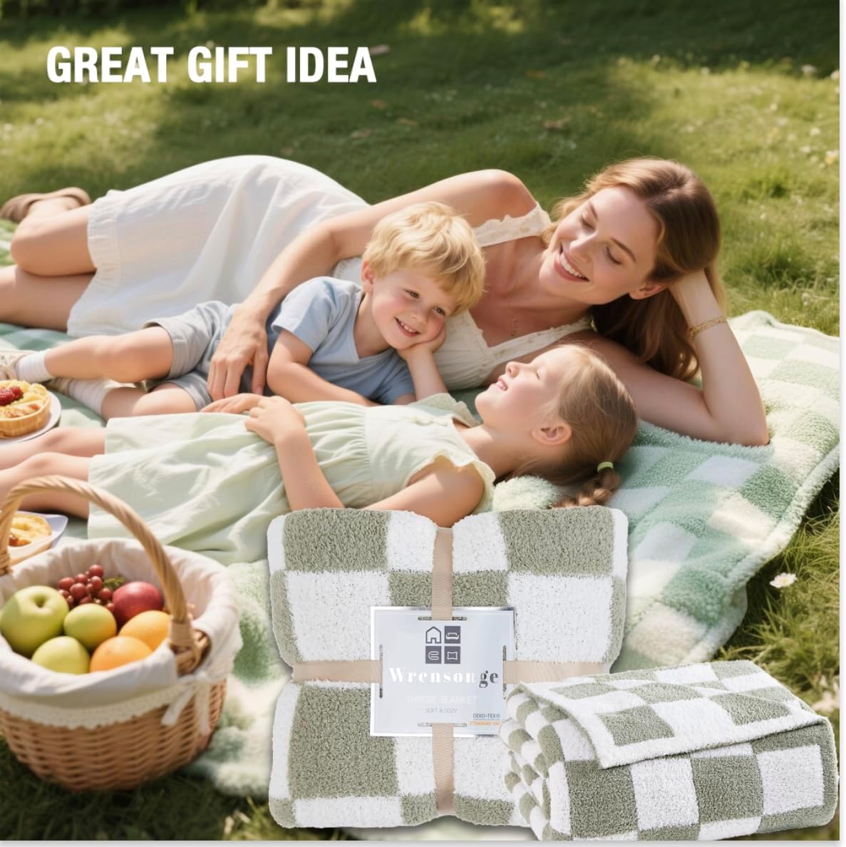 Thumbnail 6 de WRENSONGE Checkered Throw Blanket in Sage Green — soft cozy fluffy hand-made style for couch, bed, travel