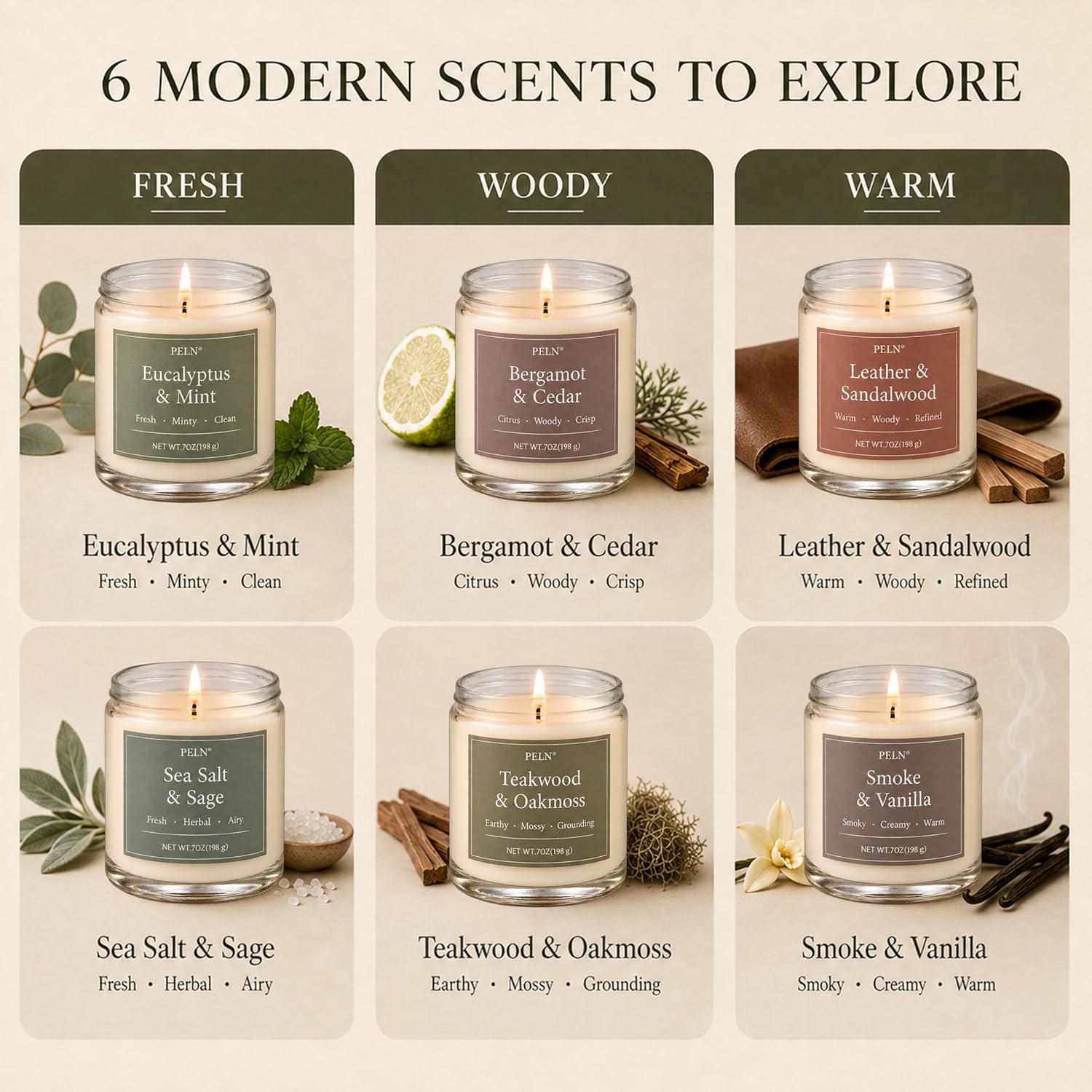 Thumbnail 1 de PELN Modern Woods Soy Wax Candle Gift Set, 6 Scents, 7 oz Each