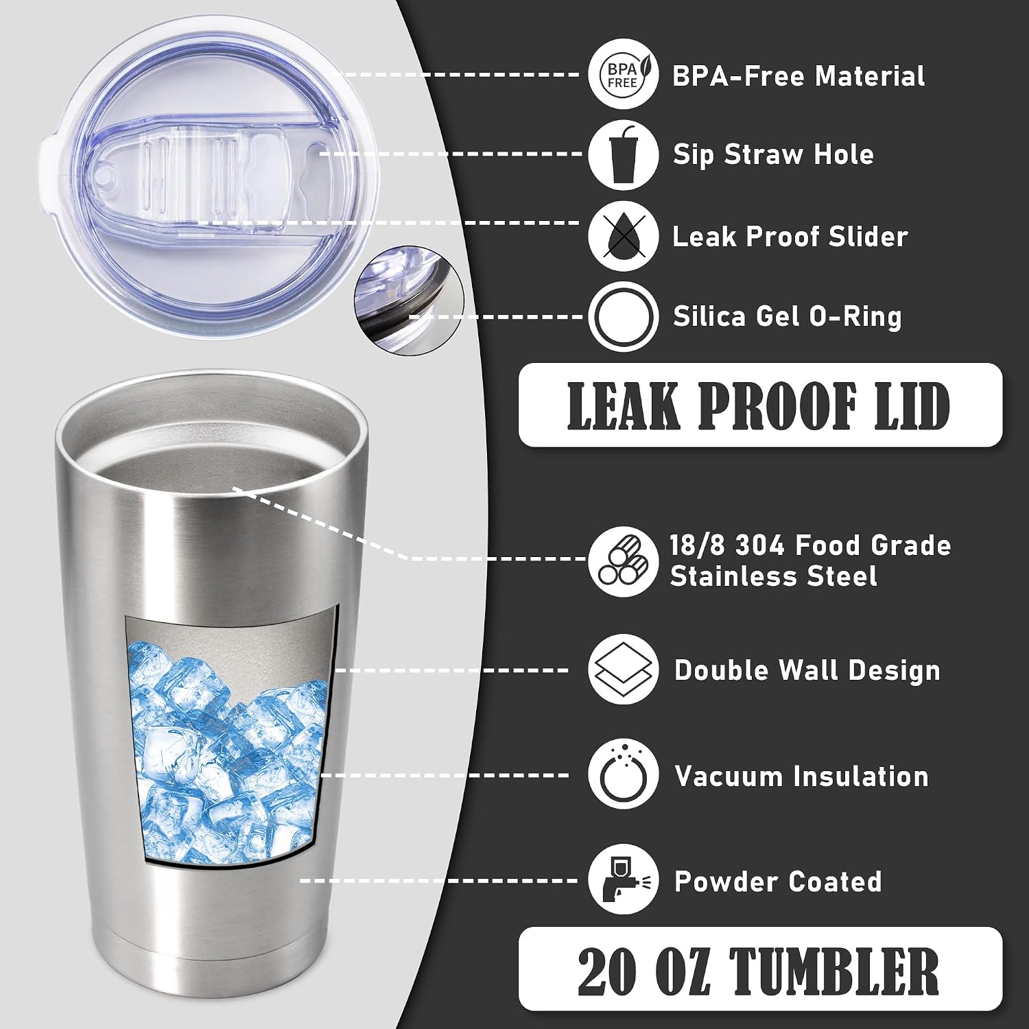 Detalle de AEPDTD 20 oz Coffee Travel Tumbler (Stainless Steel Double-Wall Vacuum) with Lid — 8-Pack