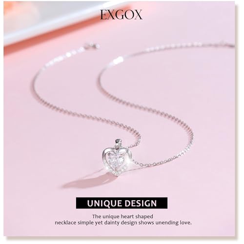 Detalle de EXGOX Silver Heart Necklace 925 Sterling Silver with White Crystal Heart – Adjustable Dainty Pendant for Women