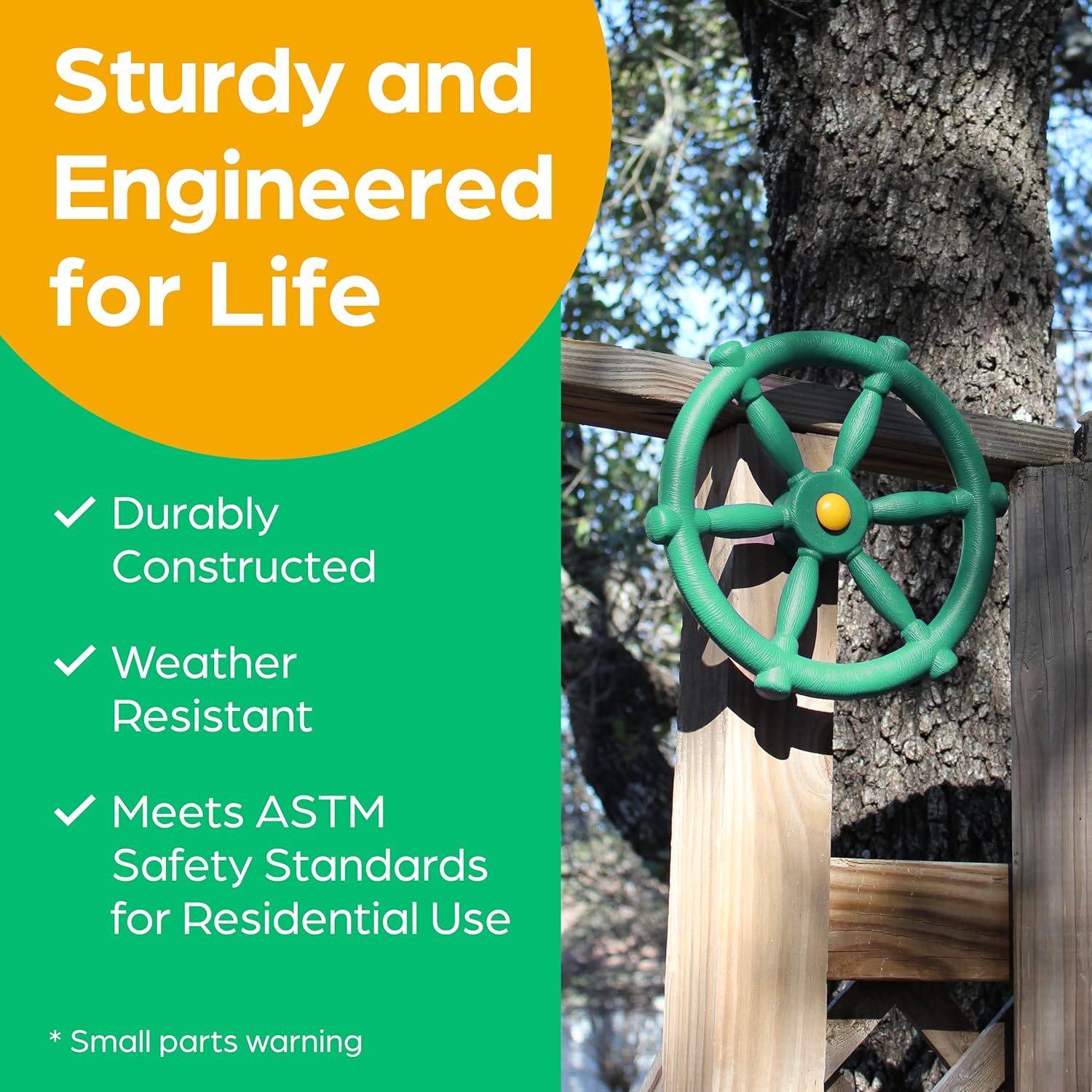 Detalle de Jungle Gym Kingdom Pirate Ship Wheel — Durable Wooden Playground Accessory for Kids' Outdoor Playhouses