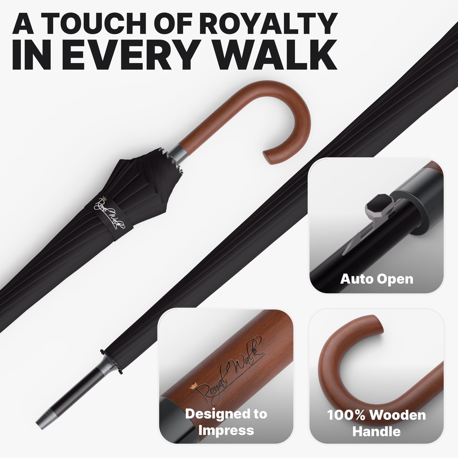Thumbnail 2 de Royal Walk Windproof Umbrella Black Large 54 Inch Automatic Open (for 2) with Wooden Handle