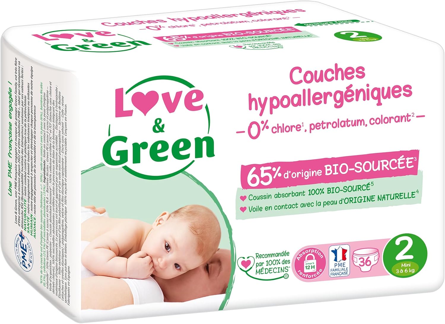 Thumbnail 1 de Love & Green Couches bébé taille 2 (3-6 kg) – Pack 1 mois de 216 couches, absorbantes et écologiques