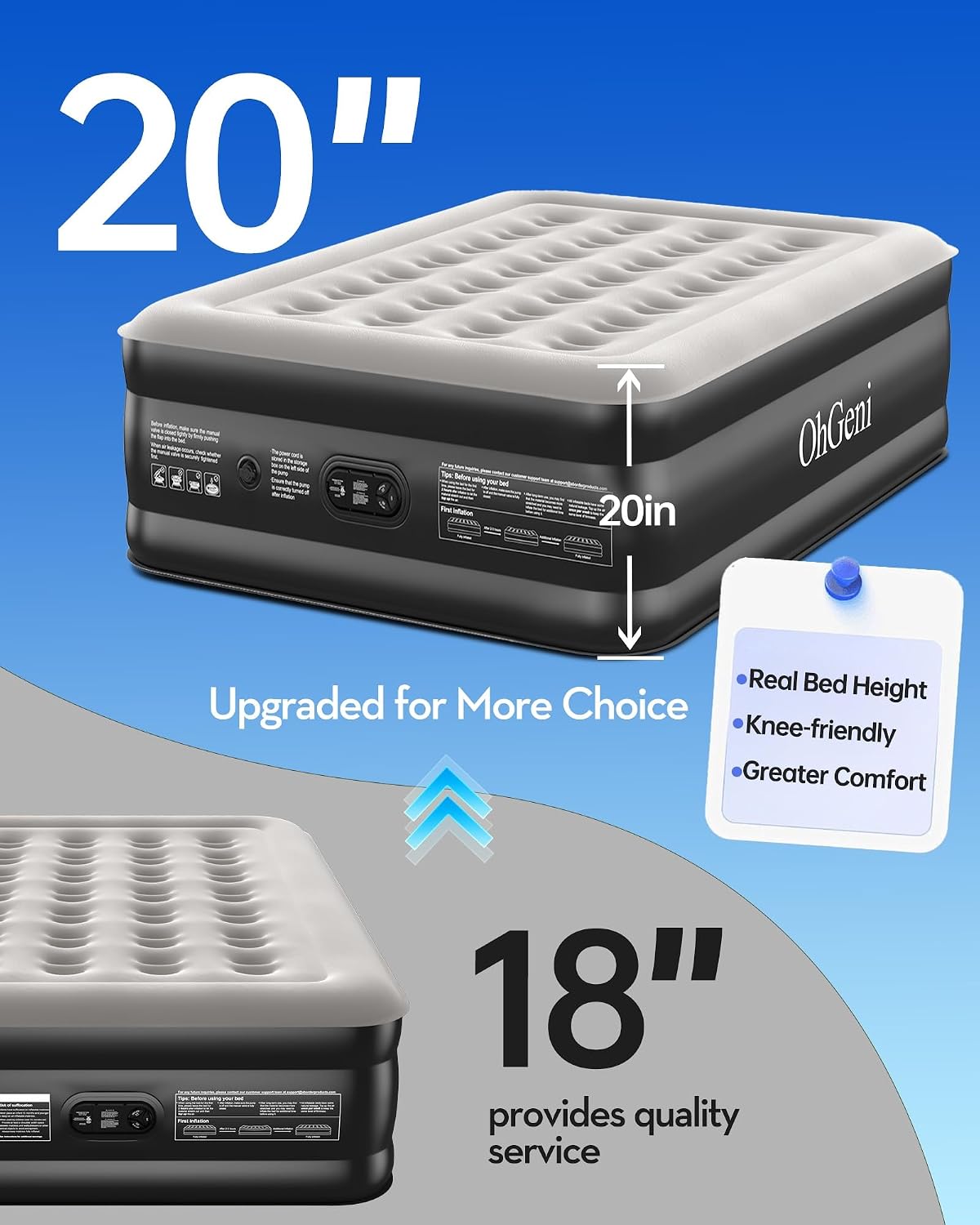 Detalle 2 de OhGeni 20-Inch Full Air Mattress with Built-In Pump, Flocked Top, 600-lb Capacity