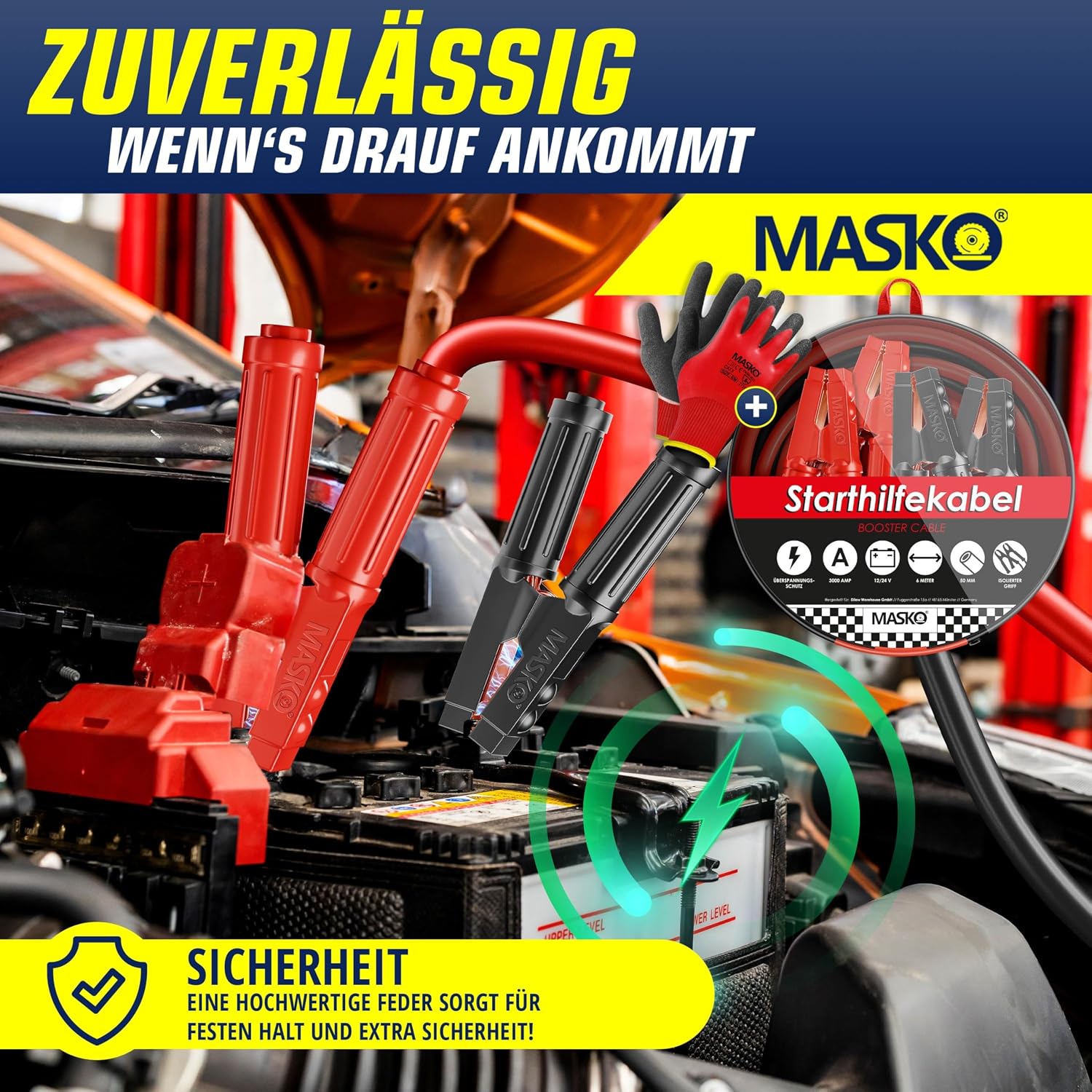 Thumbnail 6 de MASKO® Starthilfekabel Überbrückungskabel für Benzin- und Dieselmotoren 12/24 Volt – Starterkabel mit 4 vollisolierten Polzangen