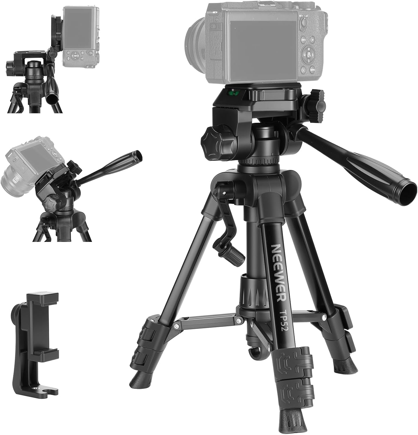 Detalle de NEEWER Entry Level Version Mini Tischstativ TP52 – kompakt, mit 3-Wege-Neigekopf und Smartphone-Halterung