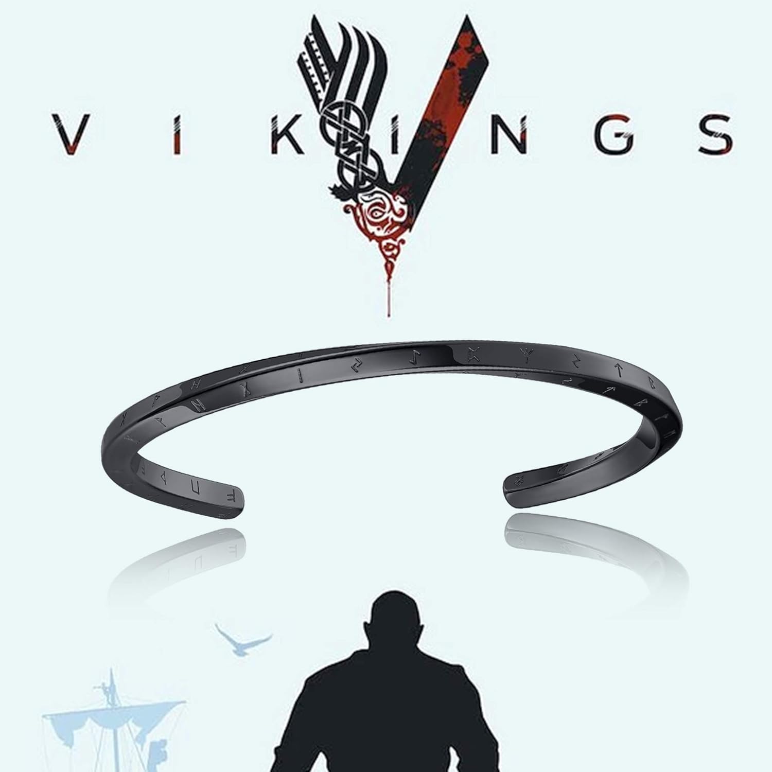 Thumbnail 3 de VNOX Viking Nordic Runes Amulet Mobius Cuff Bracelet (Stainless Steel) in Black/Silver