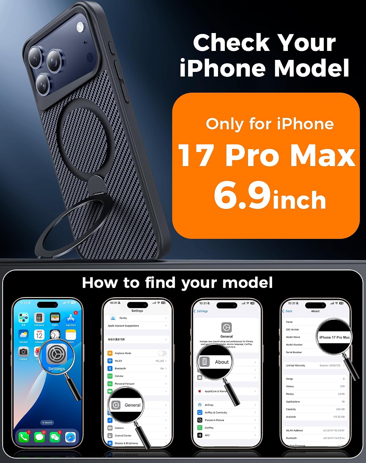 Detalle de Enlafavo 360° Ring Stand Case for iPhone 17 Pro Max — Carbon Fiber, MagSafe Compatible, 15FT Drop Protection