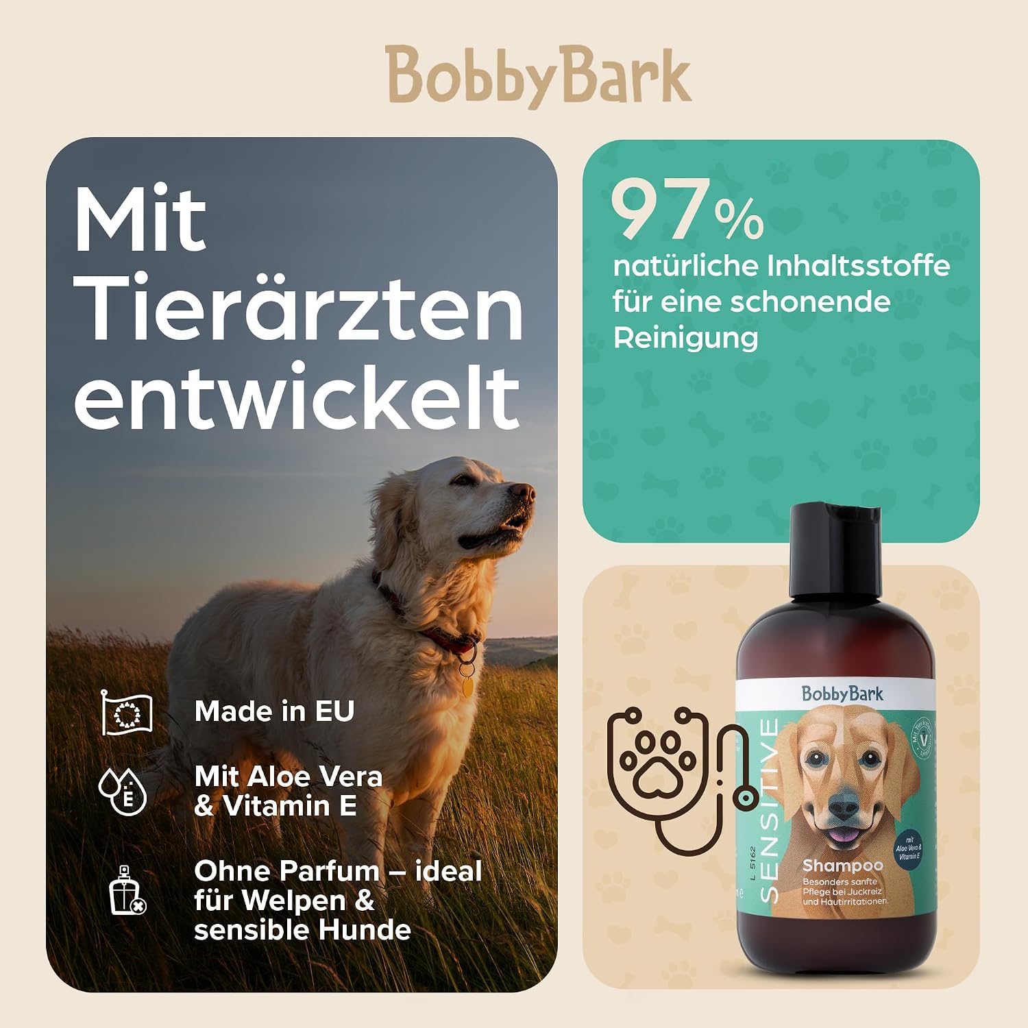 Detalle de Bobby Bark Sensitiv Hundeshampoo – Parfümfrei, pH-neutral, 250 ml