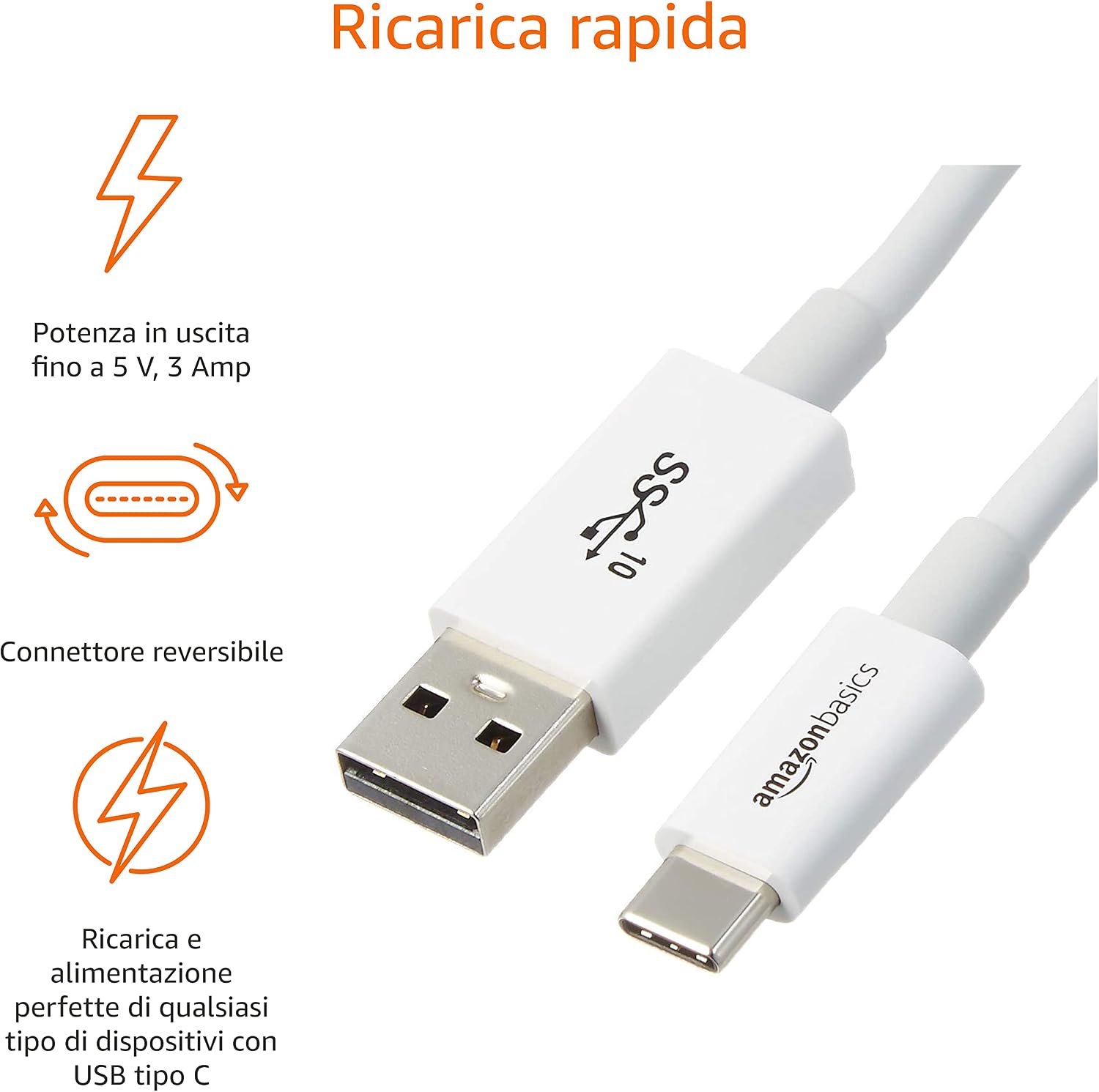 Thumbnail 3 de Amazon Basics Cavo di ricarica rapida USB-C a USB-A 3.1 Gen 2, 91 cm, bianco
