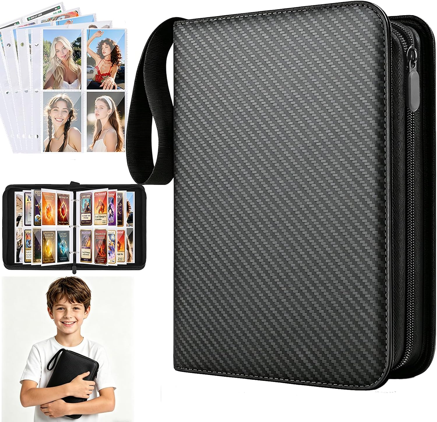 Thumbnail 6 de Trading Card Binder 400 Pockets - PU Leather Card Collection Folder with Zip and Wrist Strap