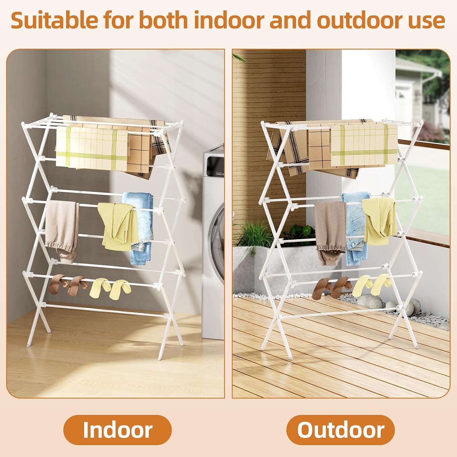 Detalle 1 de FILROUG 3-Tier Clothes Drying Rack, Foldable Steel Frame, White