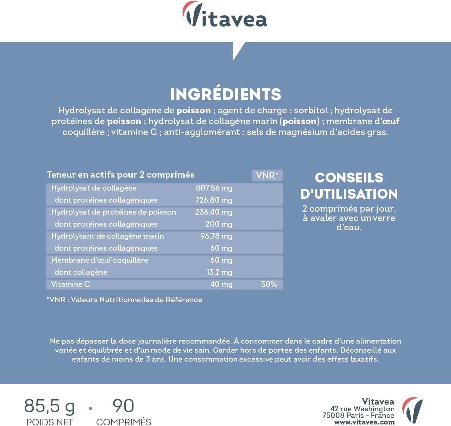 Thumbnail 6 de Vitavea Multi Collagène 5 Types I, II, III, V, X – Peptide de Collagène Hydrolysé & Marin, 90 comprimés