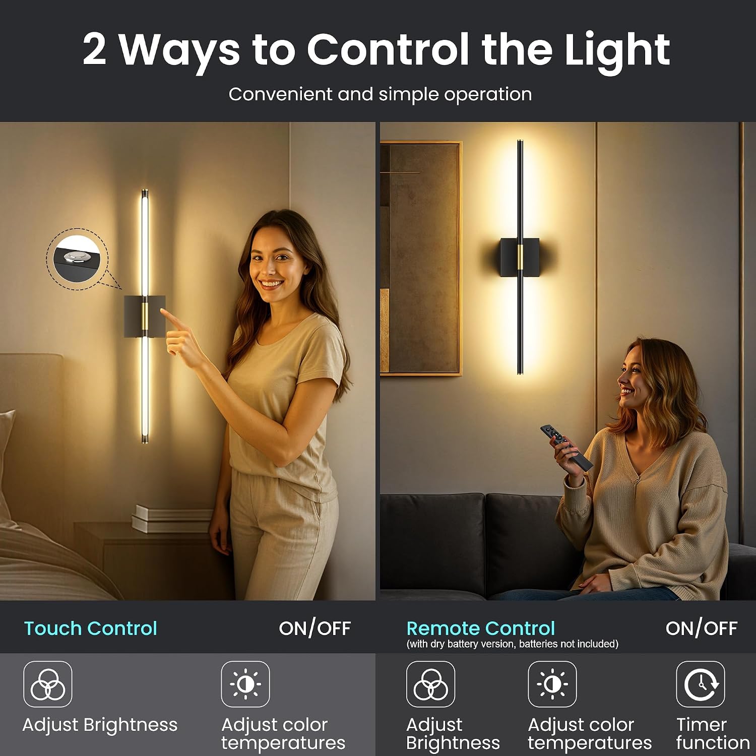 Thumbnail 5 de SyncGlow 29-Inch Rechargeable Wall Sconces, Set of 2, 3CCT, Remote, Black/Gold