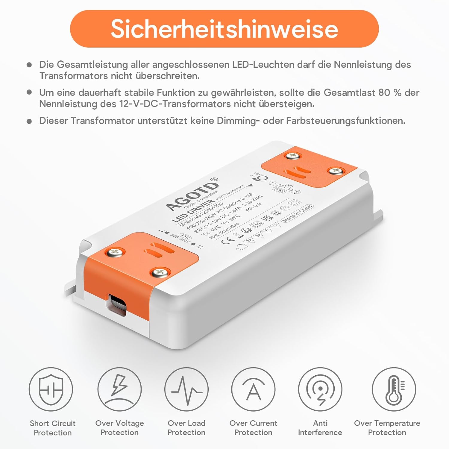 Detalle 1 de LED Trafo 12V 1,67A Transformator 230V auf 12V für 1–20W LEDs (MR11 G4 MR16 GU5.3) – flimmerfrei