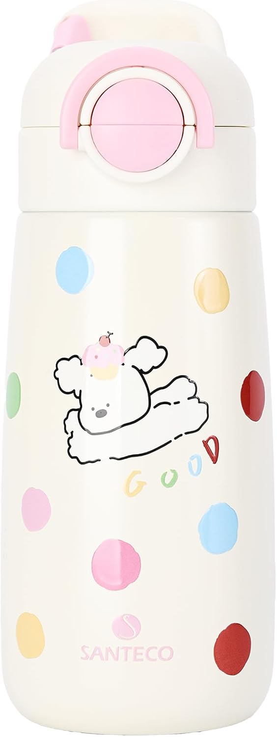 Detalle de SANTECO Kinder Thermosflasche mit Strohhalm 500 ml, auslaufsicher, Edelstahl, BPA-frei (rosa Motiv)
