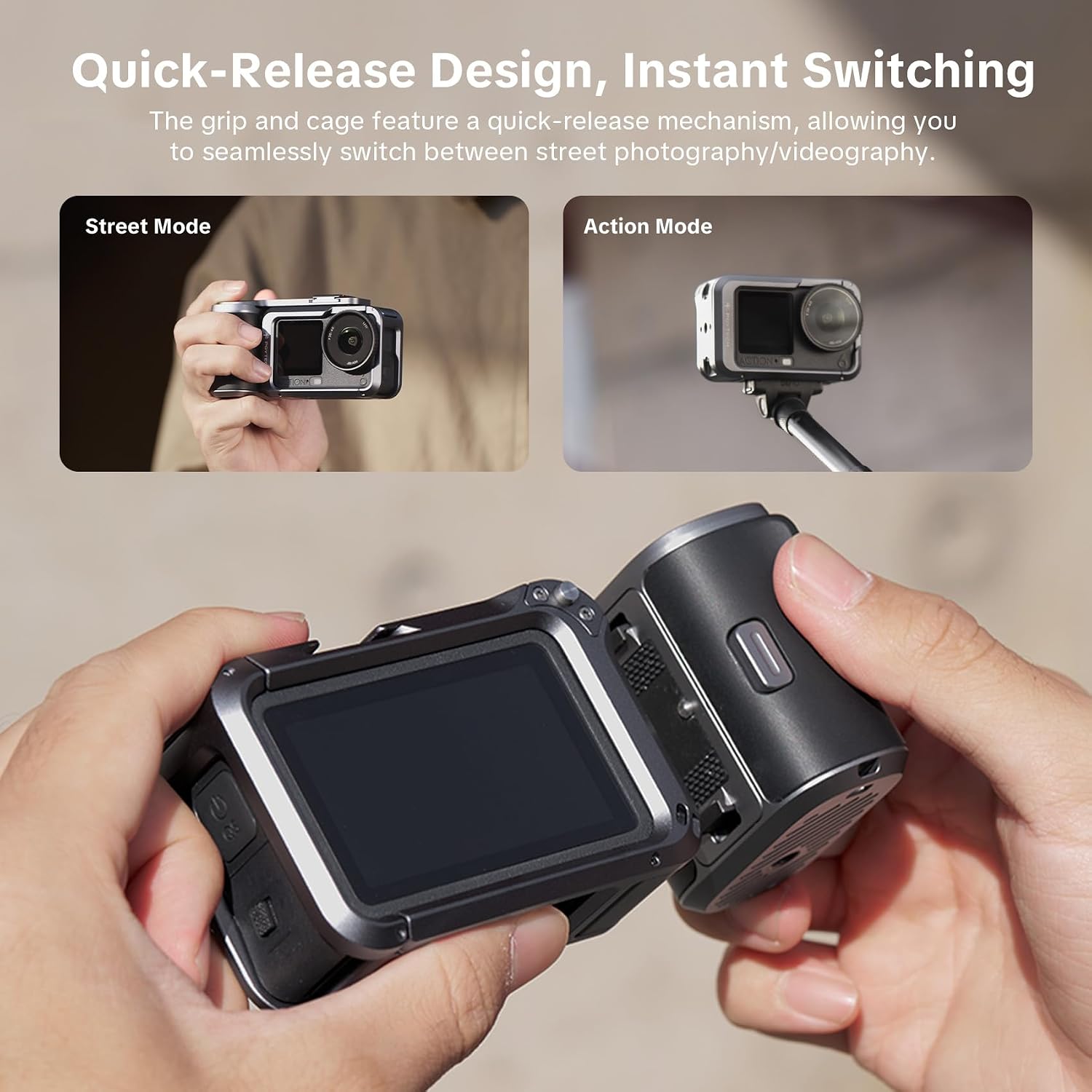 Detalle de PGYTECH StreetPro Griff-Set für DJI Osmo Action 6 – Aluminium-Käfig, Griff & Zubehör