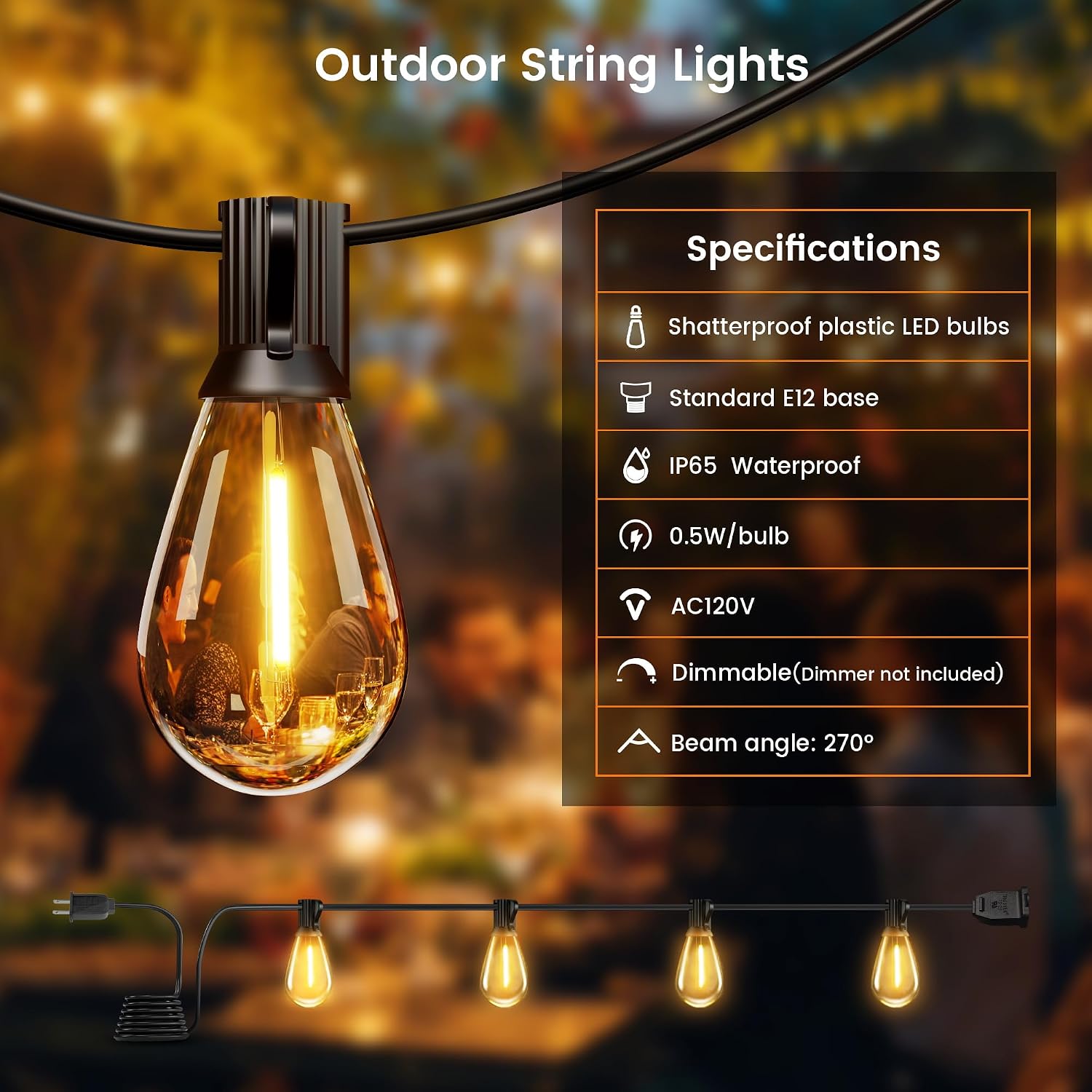 Detalle 2 de WOWLUMEN GLS-20J2P-E12-S11- Outdoor String Lights, 25 ft, 2200K Warm White