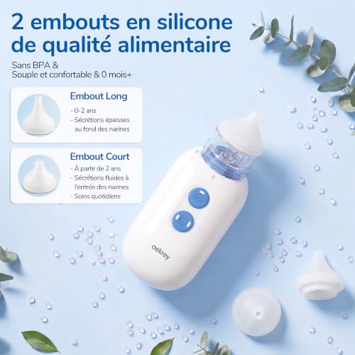 Detalle de AEKREY Mouche-bébé électrique, 2 niveaux, -68 kPa et embouts silicone sans BPA