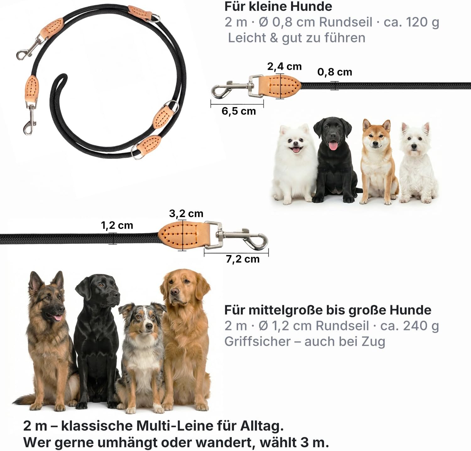 Detalle de LeileiPaws 3 m verstellbare Multifunktions-Hundeleine aus Nylon & Leder – Führ-, Schulter- & Hüftleine (Schwarz, 2 m x 0,8 cm)