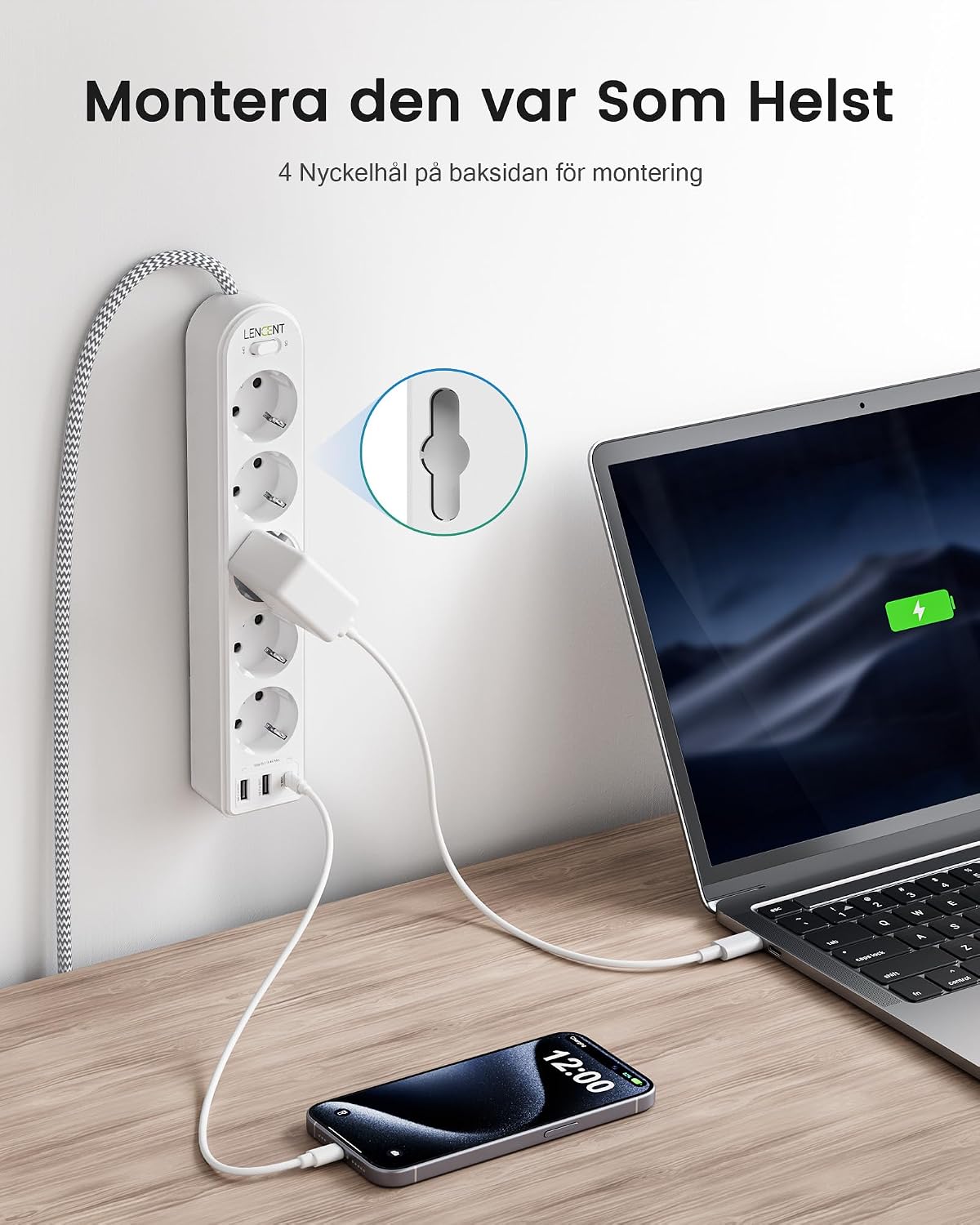 Detalle 2 de LENCENT WP09-F5-C2U-2M grenuttag med 5 uttag, USB och 2 m kabel