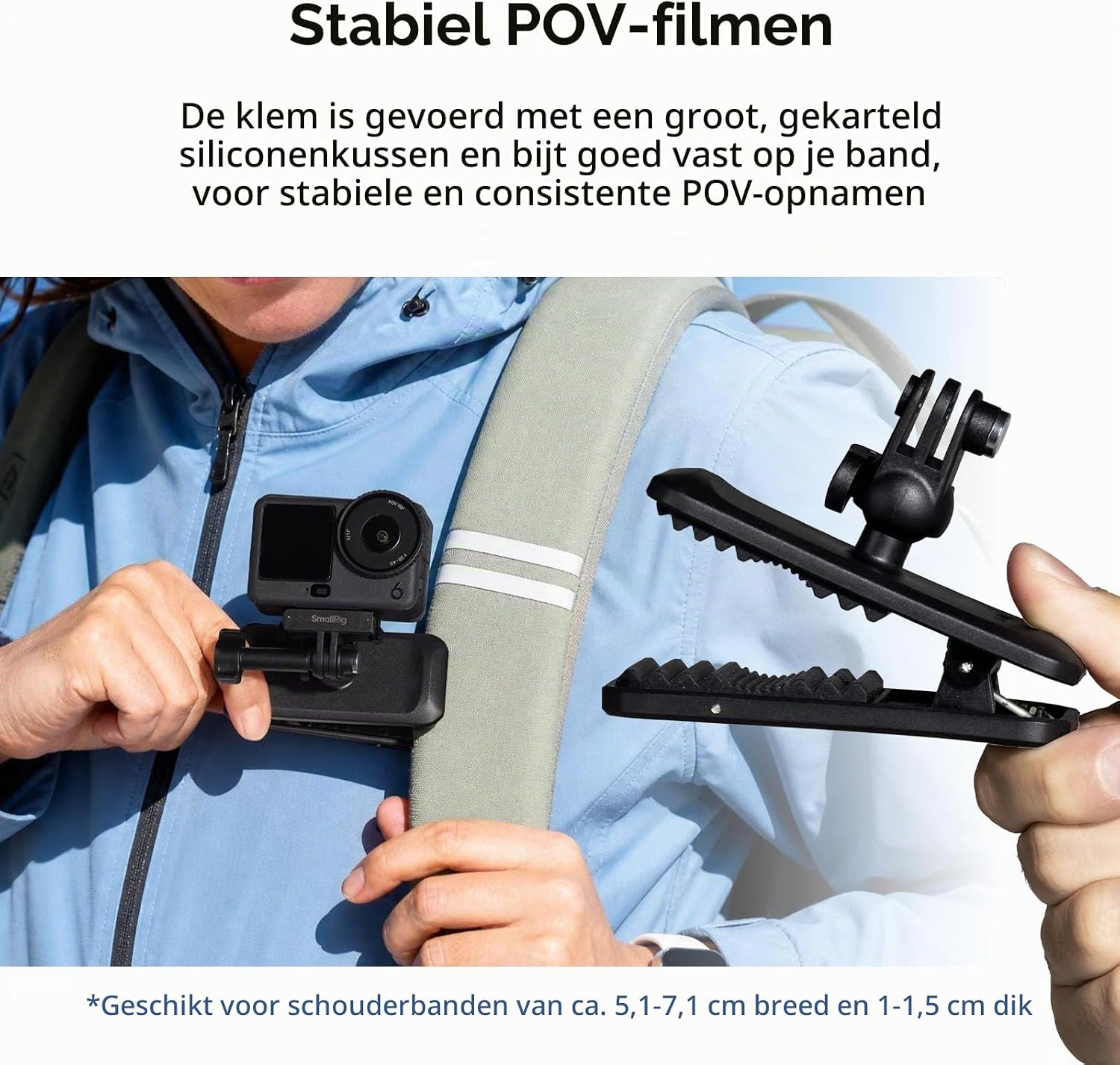Detalle de SMALLRIG 6307 rugzakclip voor DJI Osmo Action 6/Nano met 360°-balhoofd