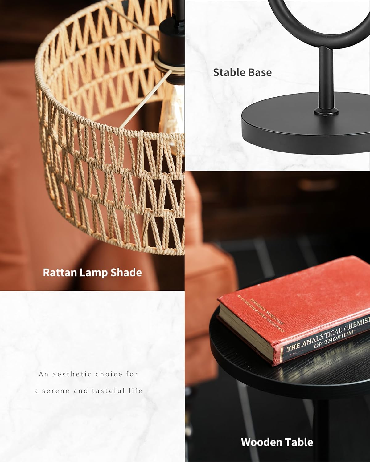 Detalle de LuminexDesigns Stehlampe Wohnzimmer Vintage Rattan – Höhenverstellbar, E27, Ablage, Fußschalter, Schwarz-Beige