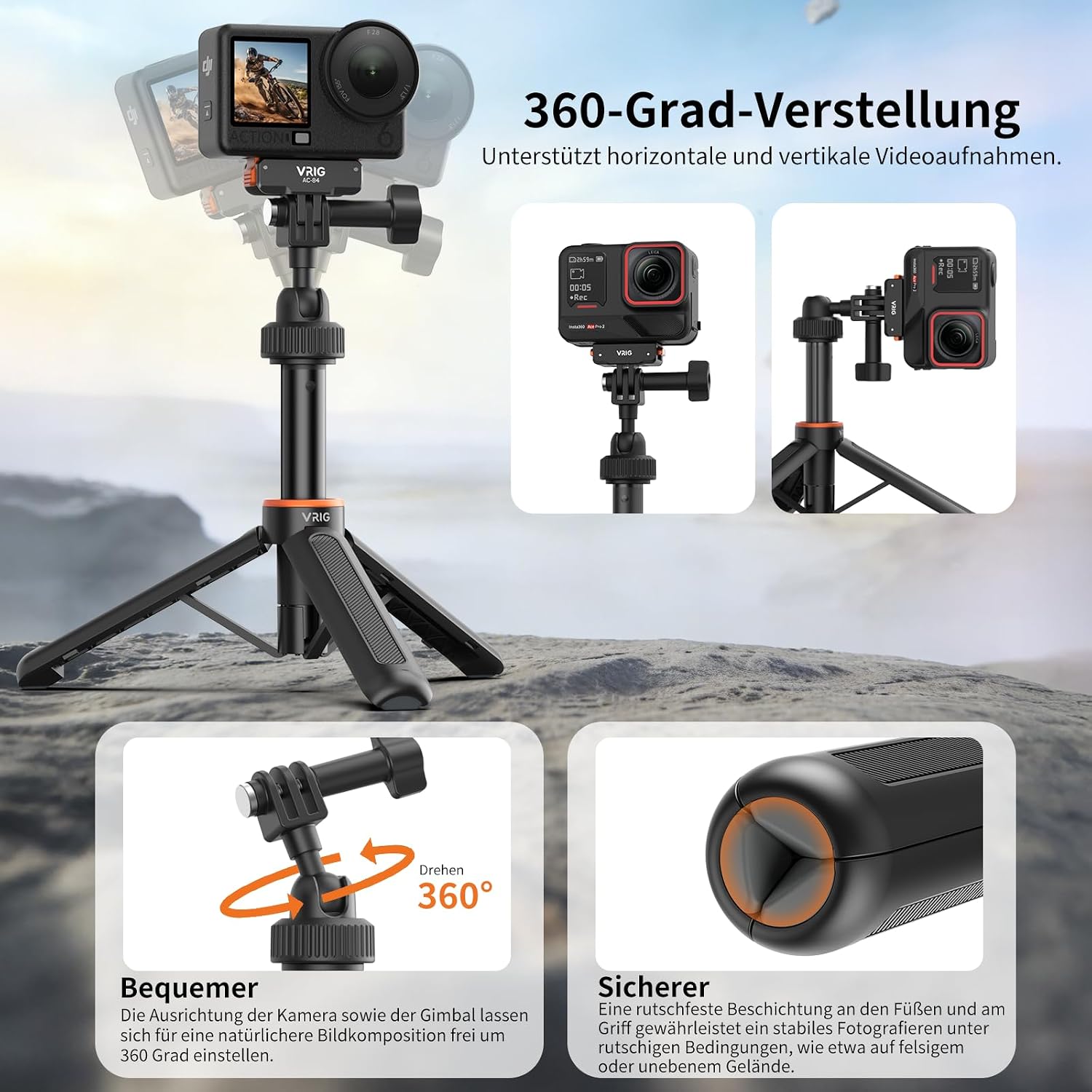 Detalle 2 de VRIG 40cm Selfie-Stick Stativ für Action Cam – 2‑Polige Halterung, verlängerbar bis 40 cm