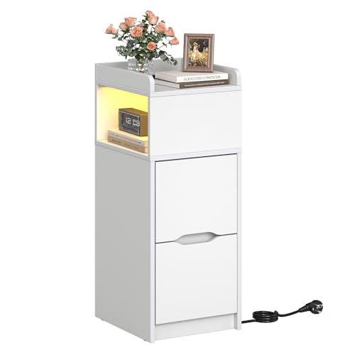 Detalle de Quikraen Nachttisch Schmal mit Steckdose und LED – Weiß, 26.2x29.6x65 cm