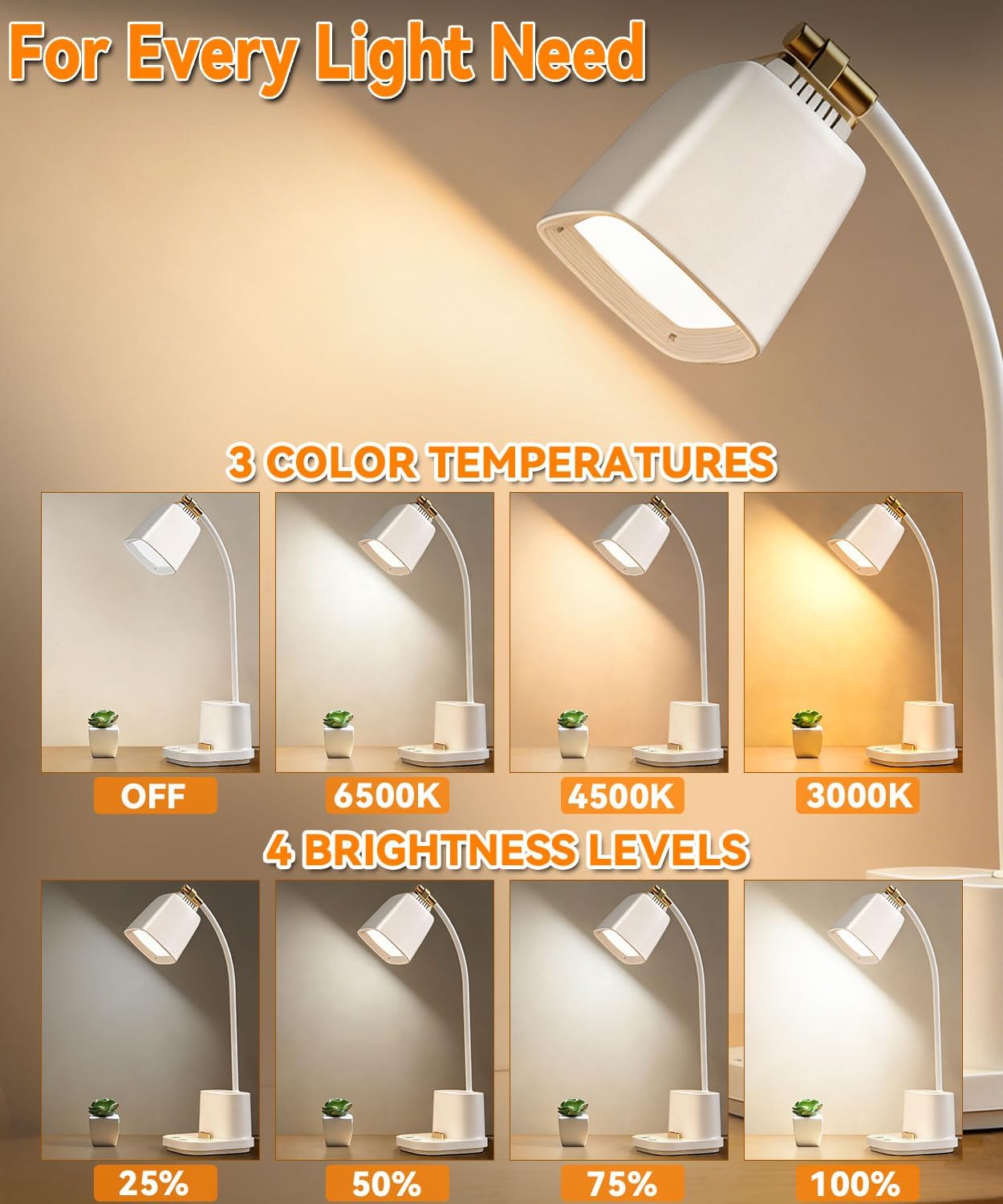Detalle de Hifireelf LED Desk Lamp with Gooseneck, USB Ports and Pen Holders
