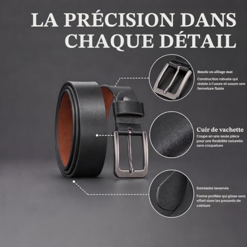 Thumbnail 7 de VRLEGEND Ceinture homme en cuir véritable noir, 3,8 cm, 110 cm