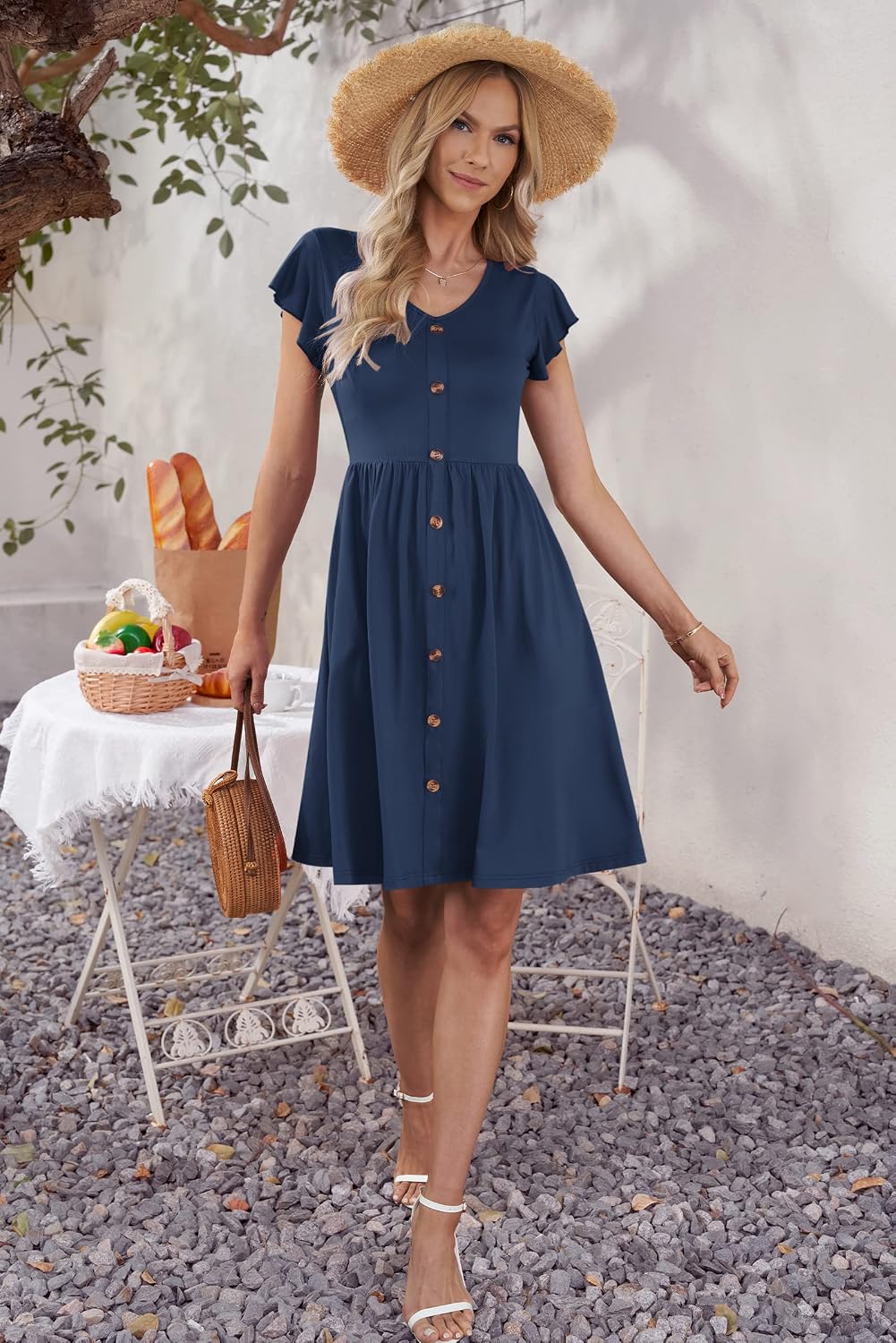 Detalle de AUSELILY Summer Ruffle-Sleeve Midi Dress with Pockets and Elastic Waist