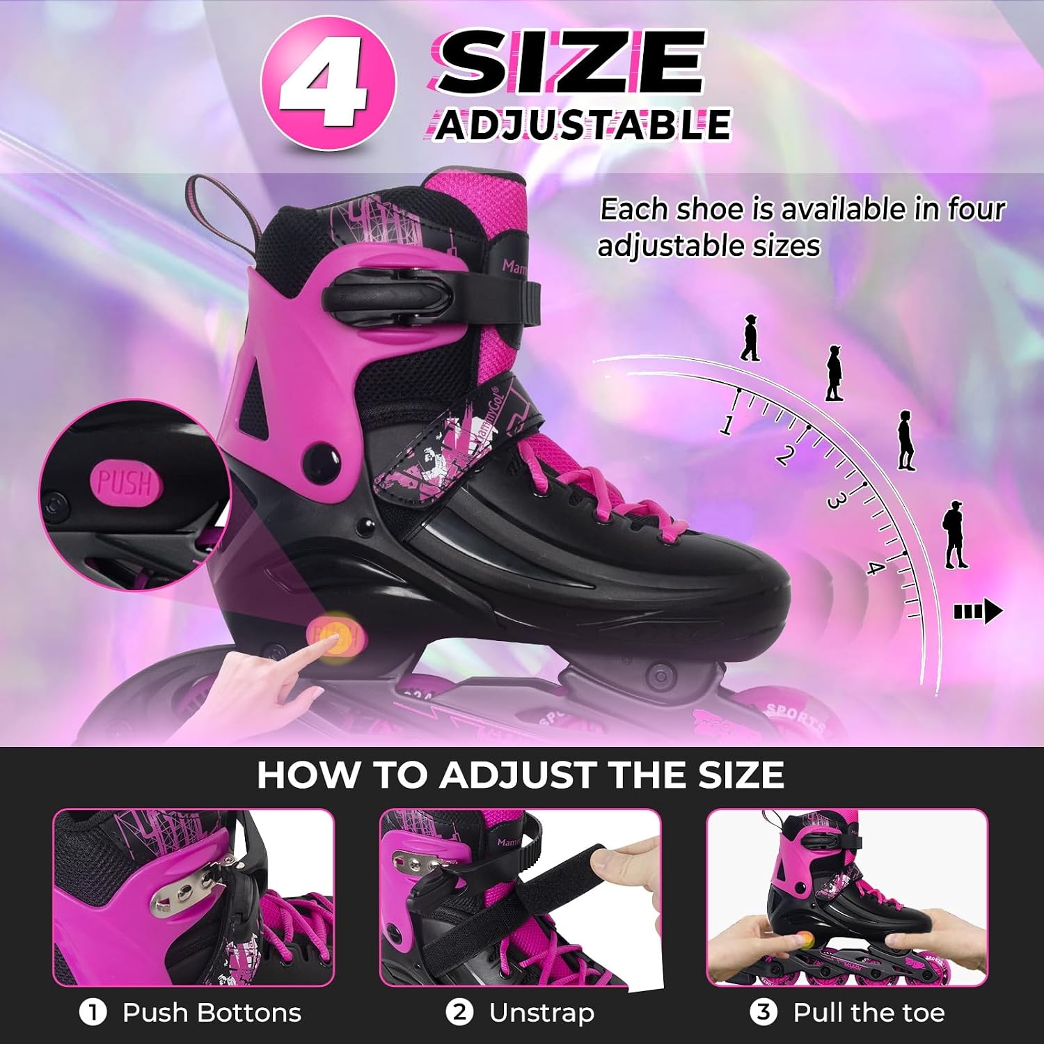 Detalle de MammyGol Adjustable Inline Skates for Kids, Youths, and Adults — Light-Up Wheels, All-Weather Indoor/Outdoor