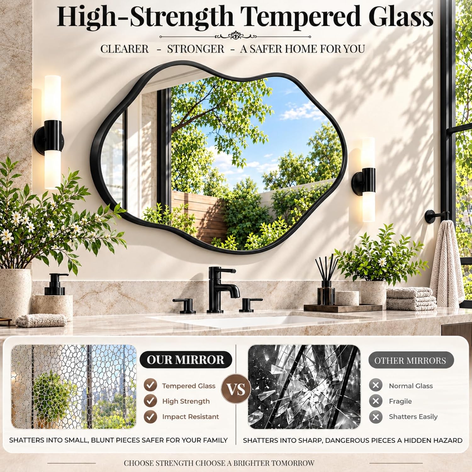 Detalle 1 de Clevich HX-001 asymmetrische wandspiegel, zwart aluminium frame, 60 x 100 cm
