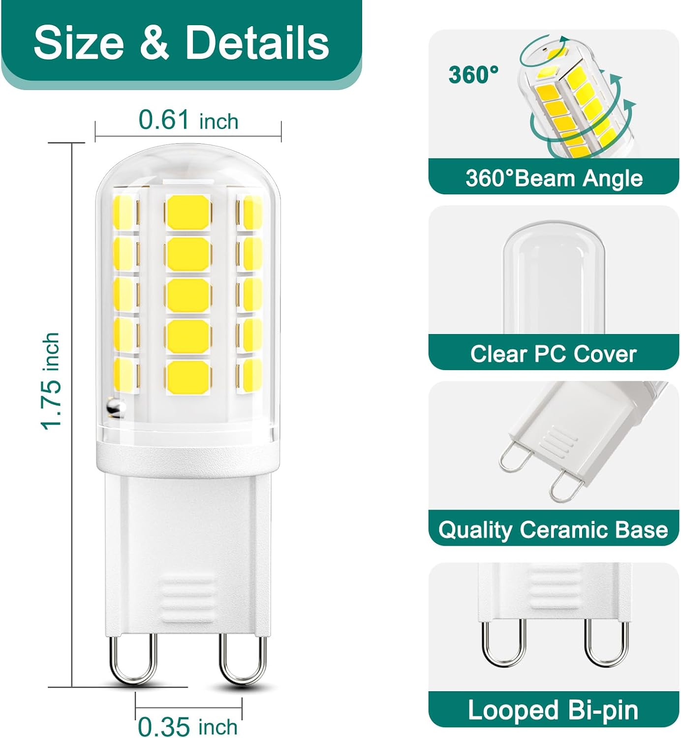 Detalle de DiCUNO G9 LED Bulbs, 4W, 400 Lumens, 6000K Daylight, 10-Pack