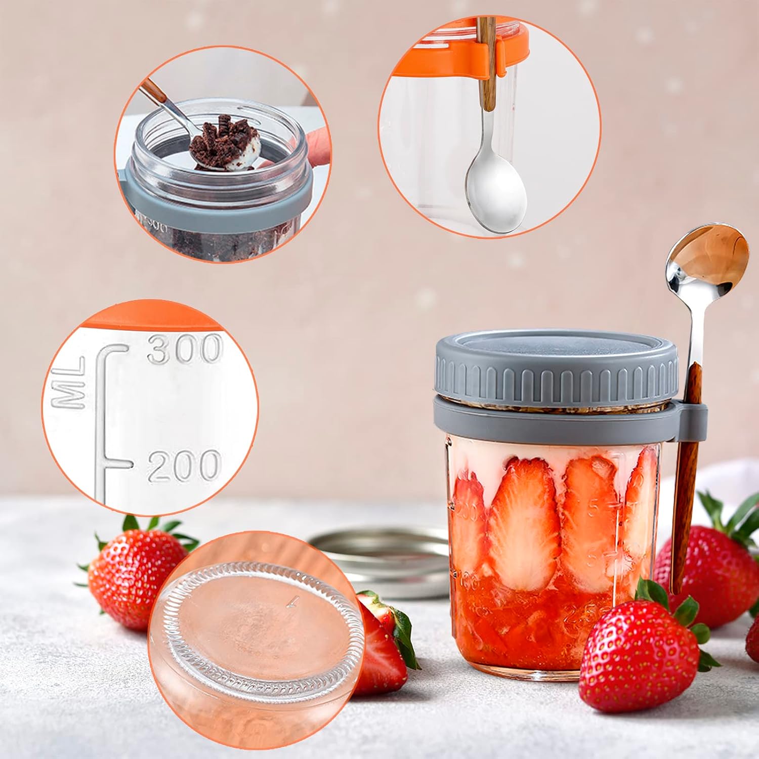Thumbnail 3 de Reusable Overnight Oats Jars with Lid and Spoon – Set of 4, 10 oz Airtight Glass Oatmeal Containers