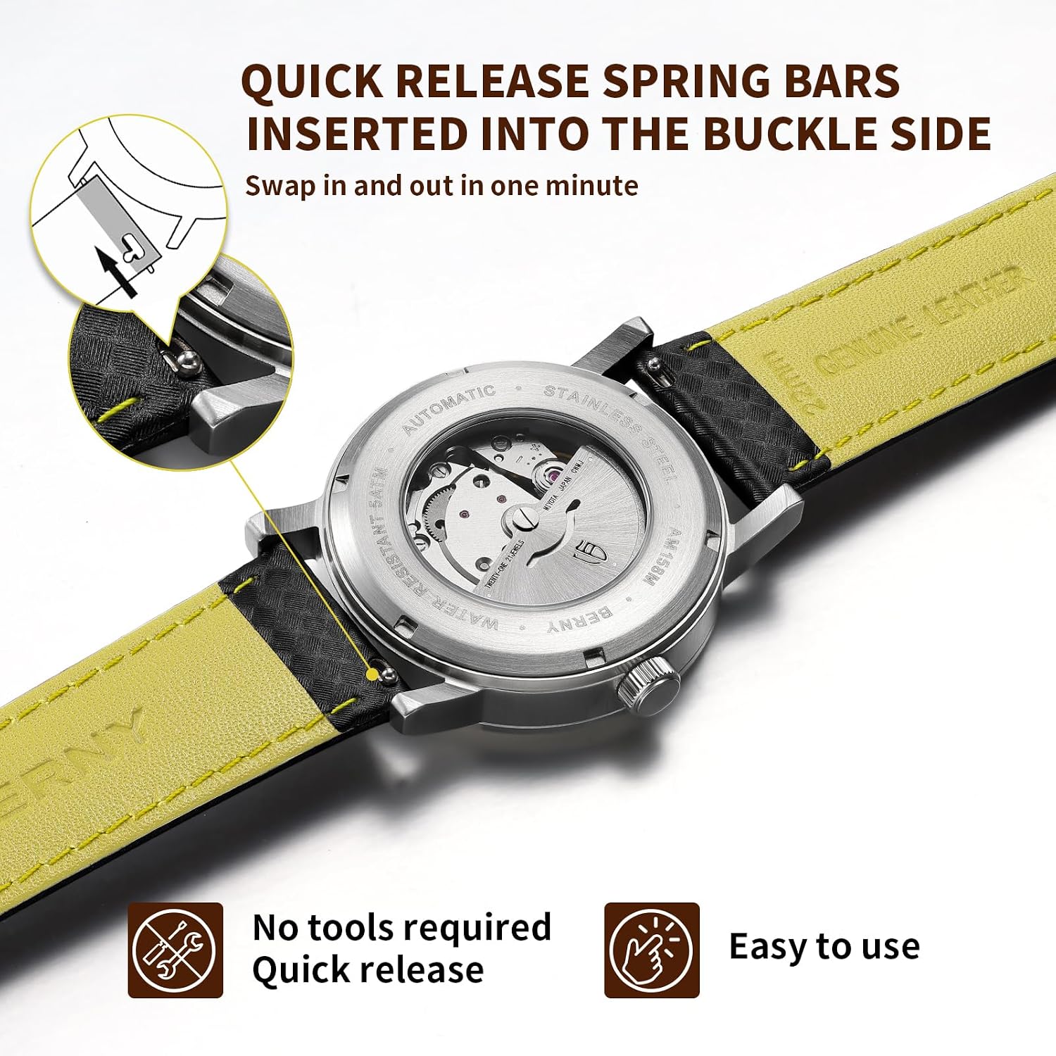 Detalle de BERNY Quick Release Echtleder Uhrenarmband Rastermuster – 20 mm oder 22 mm