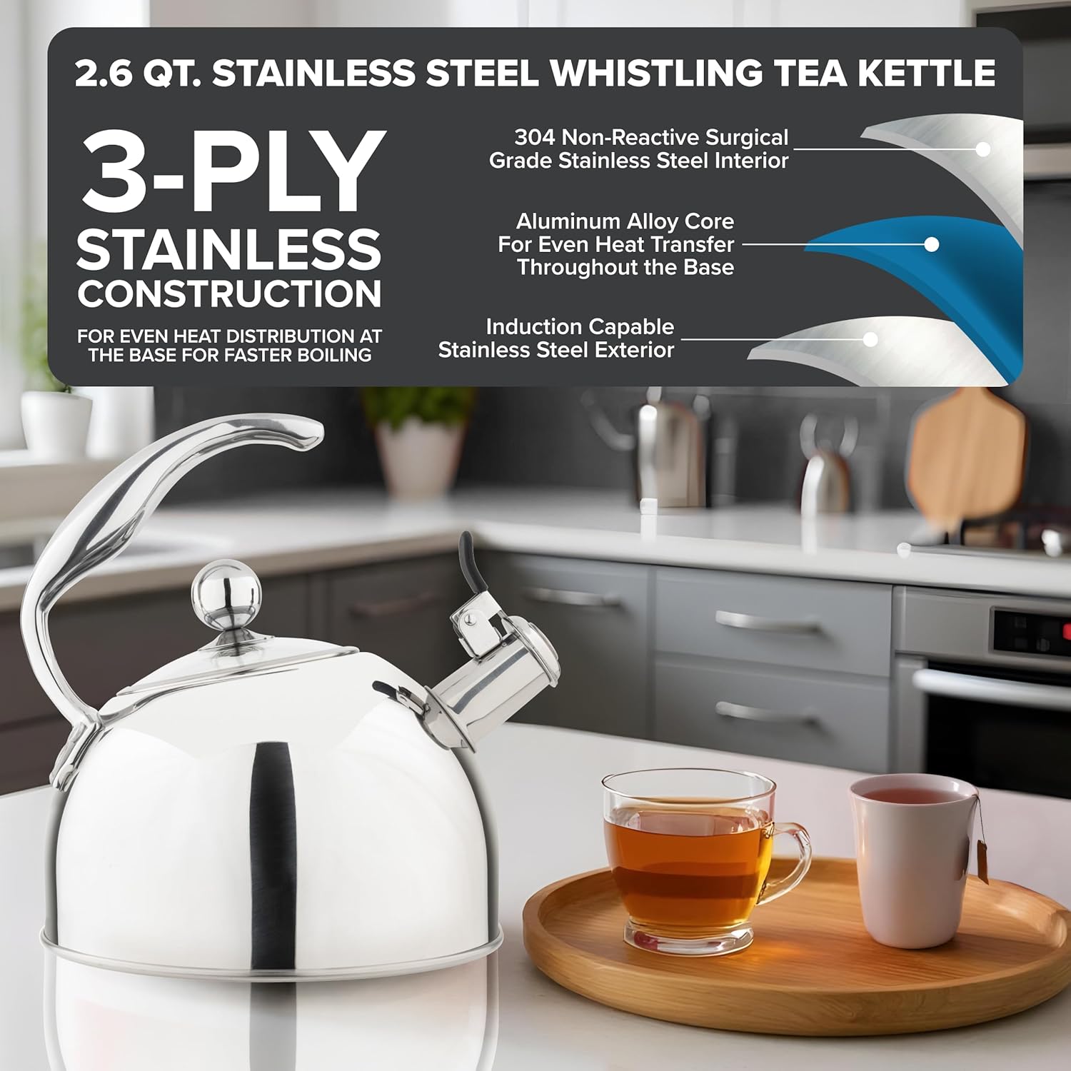 Thumbnail 1 de Viking 3-Ply Stainless Steel Tea Kettle (2.6 Quart) with Tempered Glass Lid, Whistling Spout & Induction Ready