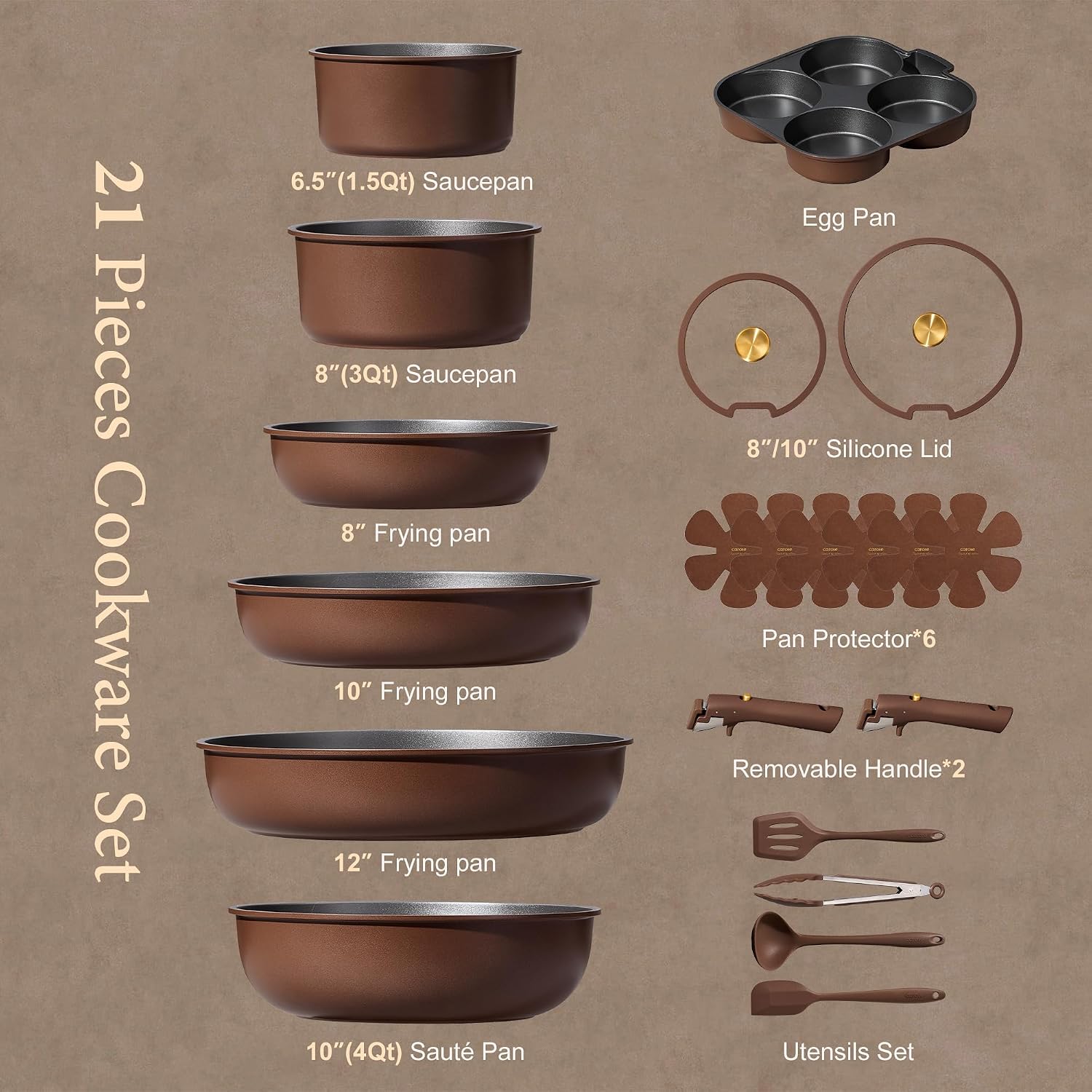 Detalle 2 de CAROTE 21-Piece Pots and Pans Set with Detachable Handle (Nonstick, Oven Safe) — Brown