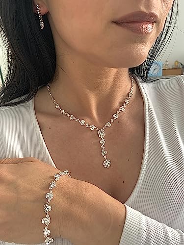 Detalle de ONDEGO 3er Set Silber Strass Schmuck – Halskette, Ohrringe & Armband für Hochzeit, Kommunion und Ball